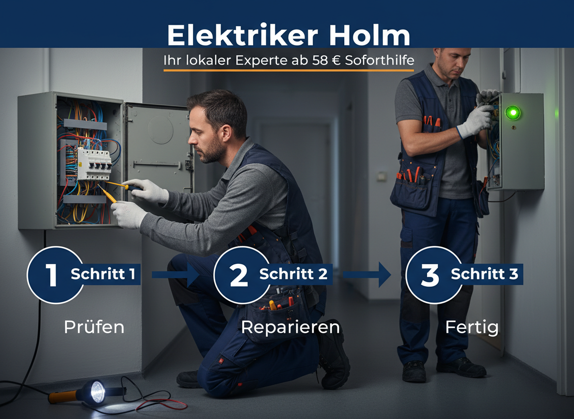 Create a professional semi-realistic visual explanation image for a German local-service article. SECTION TOPIC (Lösung / Reparatur / Ablauf): "Elektriker Holm Ihr lokaler Experte ab 58 € Soforthilfe". SERVICE TYPE: German local trade/handyman service (Klempner, Elektriker, Schädlingsbekämpfer, Schlüsseldienst, etc. — infer from the topic). FOCUS KEYWORD: "Elektriker Holm Ihr lokaler Experte ab 58 € Soforthilfe". GOAL: Visually explain the solution / repair / service procedure step-by-step. SCENE: A skilled German technician actively solving the issue — repairing, installing, cleaning, inspecting, replacing, or testing (choose whichever fits "Elektriker Holm Ihr lokaler Experte ab 58 € Soforthilfe"). Include realistic professional tools and small process elements with a subtle directional flow (arrows or numbered steps 1‑2‑3) suggesting the working sequence. Reference scene (depict literally): A focused electrician, mid-30s, kneels intently before an open, old-fashioned grey circuit breaker box in a dimly lit German apartment hallway. He wears dark blue work trousers and a grey shirt, his utility vest brimming with tools. With an insulated yellow screwdriver, he carefully manipulates thick, colorful wires. A digital multimeter rests beside a bright flashlight illuminating the intricate panel. The medium close-up shot, slightly from above, captures his professional, problem-solving concentration, conveying urgent expertise.. Short German labels ONLY, such as: "Schritt 1", "Schritt 2", "Schritt 3", "Prüfen", "Reparieren", "Fertig" — pick 2–4 that match the topic. STYLE: semi-realistic, clean, modern service branding, educational, trustworthy. Branding: primary color deep blue #0A3D91, secondary color clean white #FFFFFF, accent color warm orange #F59E0B. COMPOSITION: technician clearly visible, process easy to read, balanced framing. TEXT RULES — ALL labels MUST be in perfect GERMAN only. No English, no French, no Latin. Only very short 1–3 word labels, no paragraphs, no infographic boxes, no long text. NEGATIVE: no clutter, no childish design, no powerpoint look, no AI-broken anatomy, no AI-broken anatomy, no exaggerated effects, no cartoon, no corporate infographic, no watermarks, no URLs, no phone numbers, no logos. OUTPUT: 16:9, semi-realistic, modern, clean, informative.