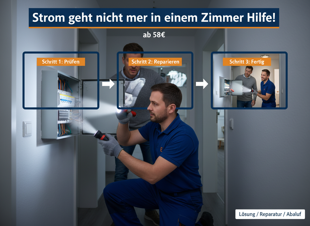 Create a professional semi-realistic visual explanation image for a German local-service article.
SECTION TOPIC (Lösung / Reparatur / Ablauf): "Strom geht nicht mehr in einem zimmer Hilfe! – ab 58€".
SERVICE TYPE: German local trade/handyman service (Klempner, Elektriker, Schädlingsbekämpfer, Schlüsseldienst, etc. — infer from the topic).
FOCUS KEYWORD: "Strom geht nicht mehr in einem zimmer Hilfe! – ab 58€".
GOAL: Visually explain the solution / repair / service procedure step-by-step.
SCENE: A skilled German technician actively solving the issue — repairing, installing, cleaning, inspecting, replacing, or testing (choose whichever fits "Strom geht nicht mehr in einem zimmer Hilfe! – ab 58€"). Include realistic professional tools and small process elements with a subtle directional flow (arrows or numbered steps 1‑2‑3) suggesting the working sequence.
Reference scene (depict literally): A male electrician, wearing dark work trousers and a blue polo shirt, kneels in a dimly lit hallway of a typical German apartment. He holds a bright LED flashlight, illuminating an open, grey German circuit breaker box mounted flush to the wall, revealing rows of black switches. His gloved right hand uses a red-handled screwdriver to delicately adjust a component inside the box. A worried homeowner in jeans and a sweater stands slightly behind him, peering over his shoulder. The sharp contrast of the bright focused beam against the dark hallway conveys urgency and professional problem-solving.. Short German labels ONLY, such as: "Schritt 1", "Schritt 2", "Schritt 3", "Prüfen", "Reparieren", "Fertig" — pick 2–4 that match the topic.
STYLE: semi-realistic, clean, modern service branding, educational, trustworthy.
Branding: primary color deep blue #0A3D91, secondary color clean white #FFFFFF, accent color warm orange #F59E0B.
COMPOSITION: technician clearly visible, process easy to read, balanced framing.
TEXT RULES — ALL labels MUST be in perfect GERMAN only. No English, no French, no Latin. Only very short 1–3 word labels, no paragraphs, no infographic boxes, no long text. NEGATIVE: no clutter, no childish design, no powerpoint look, no AI-broken anatomy, no AI-broken anatomy, no exaggerated effects, no cartoon, no corporate infographic, no watermarks, no URLs, no phone numbers, no logos. OUTPUT: 16:9, semi-realistic, modern, clean, informative.