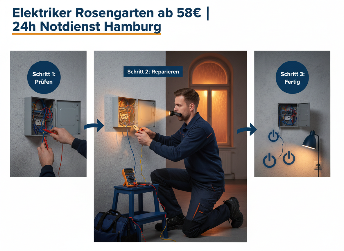 Elektriker in Rosengarten bei der Reparatur eines Sicherungskastens im Notfall, mit Werkzeugen und Kabeln.
