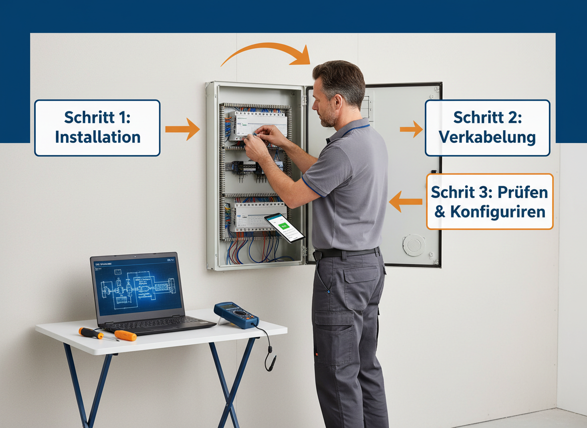 Create a professional semi-realistic visual explanation image for a German local-service article.
SECTION TOPIC (Lösung / Reparatur / Ablauf): "Knx installation einfamilienhaus Infos & Preise – ab 58€".
SERVICE TYPE: German local trade/handyman service (Klempner, Elektriker, Schädlingsbekämpfer, Schlüsseldienst, etc. — infer from the topic).
FOCUS KEYWORD: "Knx installation einfamilienhaus Infos & Preise – ab 58€".
GOAL: Visually explain the solution / repair / service procedure step-by-step.
SCENE: An electrician in practical work trousers and a grey polo shirt meticulously connects thin wires to a white KNX actuator module within an open electrical panel. A laptop displaying a wiring diagram rests on a folding table nearby, next to a screwdriver and a multimeter. The brightly lit scene, from an eye-level medium shot, captures the professional working inside a modern German single-family house with pristine, unfinished drywall, conveying focused technical expertise during a smart home installation.. Short German labels ONLY, such as: "Schritt 1", "Schritt 2", "Schritt 3", "Prüfen", "Reparieren", "Fertig" — pick 2–4 that match the topic.
STYLE: semi-realistic, clean, modern service branding, educational, trustworthy.
Branding: primary color deep blue #0A3D91, secondary color clean white #FFFFFF, accent color warm orange #F59E0B.
COMPOSITION: technician clearly visible, process easy to read, balanced framing.
TEXT RULES — ALL labels MUST be in perfect GERMAN only. No English, no French, no Latin. Only very short 1–3 word labels, no paragraphs, no infographic boxes, no long text. NEGATIVE: no clutter, no childish design, no powerpoint look, no AI-broken anatomy, no watermarks, no URLs, no phone numbers, no logos. OUTPUT: 16:9, semi-realistic, modern, clean, informative.