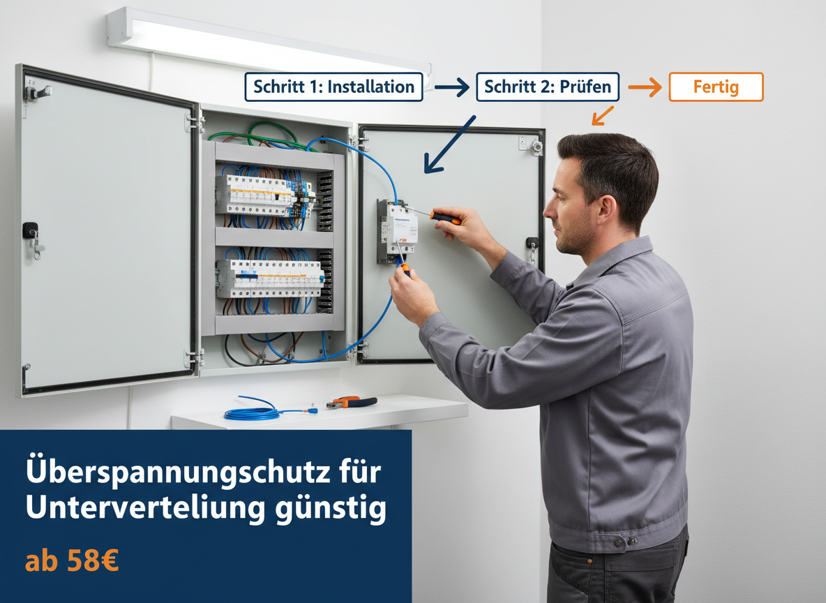 Create a professional semi-realistic visual explanation image for a German local-service article.
SECTION TOPIC (Lösung / Reparatur / Ablauf): 'Überspannungsschutz für unterverteilung günstig – ab 58€'.
SERVICE TYPE: German local trade/handyman service (Klempner, Elektriker, Schädlingsbekämpfer, Schlüsseldienst, etc. — infer from the topic).
FOCUS KEYWORD: 'Überspannungsschutz für unterverteilung günstig – ab 58€'.
GOAL: Visually explain the solution / repair / service procedure step-by-step.
SCENE: A focused electrician, wearing a practical grey work shirt and sturdy trousers, carefully installs a compact, white surge protection module into a standard grey electrical sub-distribution panel, partially open, revealing neatly organized wires and miniature circuit breakers. His hands, one holding a small flathead screwdriver, are connecting a thick blue wire. The scene is set in a tidy, white-walled utility room in a German home, with practical overhead fluorescent lighting creating a clear, competent mood. A pair of wire strippers lies on a nearby shelf.. Short German labels ONLY, such as: 'Schritt 1', 'Schritt 2', 'Schritt 3', 'Prüfen', 'Reparieren', 'Fertig' — pick 2–4 that match the topic.
STYLE: semi-realistic, clean, modern service branding, educational, trustworthy.
Branding: primary color deep blue #0A3D91, secondary color clean white #FFFFFF, accent color warm orange #F59E0B.
COMPOSITION: technician clearly visible, process easy to read, balanced framing.
TEXT RULES — ALL labels MUST be in perfect GERMAN only. No English, no French, no Latin. Only very short 1–3 word labels, no paragraphs, no infographic boxes, no long text. NEGATIVE: no clutter, no childish design, no powerpoint look, no AI-broken anatomy, no AI-broken anatomy, no exaggerated effects, no cartoon, no corporate infographic, no watermarks, no URLs, no phone numbers, no logos. OUTPUT: 16:9, semi-realistic, modern, clean, informative.