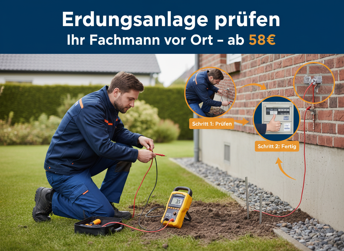 Create a professional semi-realistic visual explanation image for a German local-service article.
SECTION TOPIC (Lösung / Reparatur / Ablauf): Erdungsanlage prüfen Ihr Fachmann vor Ort – ab 58€.
SERVICE TYPE: German local trade/handyman service (Klempner, Elektriker, Schädlingsbekämpfer, Schlüsseldienst, etc. — infer from the topic).
FOCUS KEYWORD: Erdungsanlage prüfen Ihr Fachmann vor Ort – ab 58€.
GOAL: Visually explain the solution / repair / service procedure step-by-step.
SCENE: A skilled German technician actively solving the issue — repairing, installing, cleaning, inspecting, replacing, or testing (choose whichever fits 