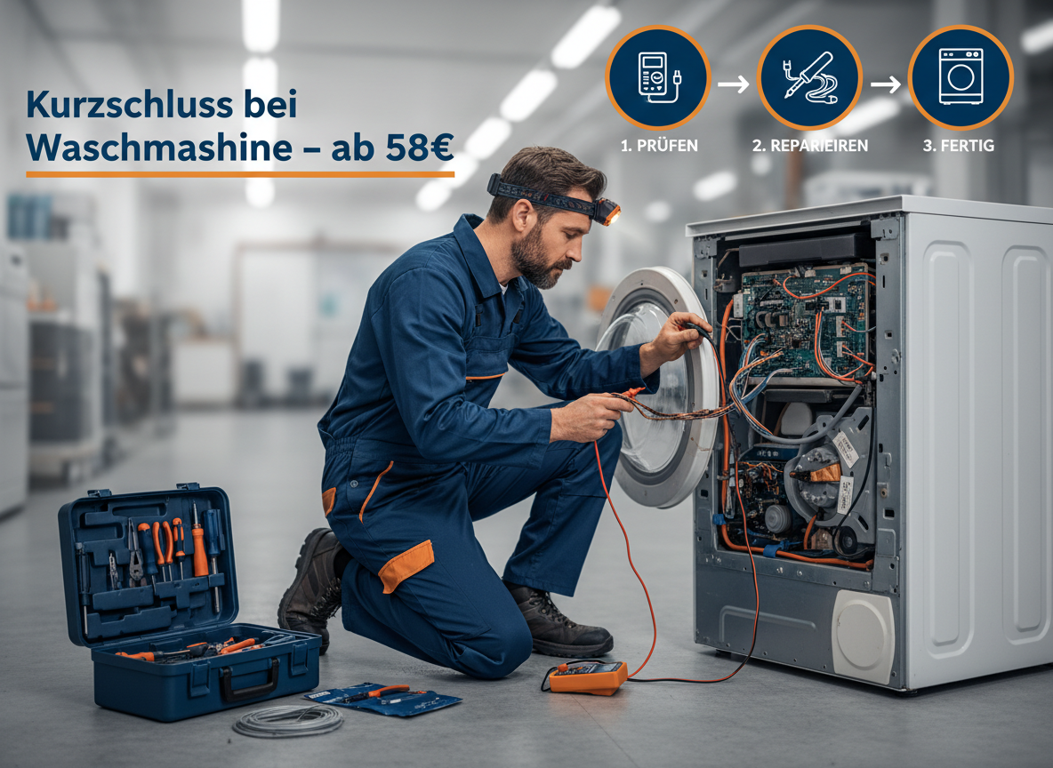 Create a professional semi-realistic visual explanation image for a German local-service article.
SECTION TOPIC (Lösung / Reparatur / Ablauf): "Kurzschluss bei waschmaschine Ursachen & Lösungen – ab 58€".
SERVICE TYPE: German local trade/handyman service (Klempner, Elektriker, Schädlingsbekämpfer, Schlüsseldienst, etc. — infer from the topic).
FOCUS KEYWORD: "Kurzschluss bei waschmaschine Ursachen & Lösungen – ab 58€".
GOAL: Visually explain the solution / repair / service procedure step-by-step.
SCENE: A skilled German technician actively solving the issue — repairing, installing, cleaning, inspecting, replacing, or testing (choose whichever fits "Kurzschluss bei waschmaschine Ursachen & Lösungen – ab 58€"). Include realistic professional tools and small process elements with a subtle directional flow (arrows or numbered steps 1‑2‑3) suggesting the working sequence.
Reference scene (depict literally): A focused German repair technician in clean blue overalls kneels before an open, off-white washing machine in a stark tiled laundry room. The machine’s back panel is removed, revealing a complex web of internal wiring, one section faintly discolored from heat. He meticulously probes a wire bundle with a digital multimeter, its display dimly lit. An open toolbox with screwdrivers and pliers rests beside him on the concrete floor. Overhead fluorescent lighting combined with his LED headlamp sharply illuminates the intricate components, creating a concentrated, problem-solving atmosphere as he diagnoses the electrical fault.. Short German labels ONLY, such as: "Schritt 1", "Schritt 2", "Schritt 3", "Prüfen", "Reparieren", "Fertig" — pick 2–4 that match the topic.
STYLE: semi-realistic, clean, modern service branding, educational, trustworthy.
Branding: primary color deep blue #0A3D91, secondary color clean white #FFFFFF, accent color warm orange #F59E0B.
COMPOSITION: technician clearly visible, process easy to read, balanced framing.
TEXT RULES — ALL labels MUST be in perfect GERMAN only. No English, no French, no Latin. Only very short 1–3 word labels, no paragraphs, no infographic boxes, no long text. NEGATIVE: no clutter, no childish design, no powerpoint look, no AI-broken anatomy, no AI-broken anatomy, no exaggerated effects, no cartoon, no corporate infographic, no watermarks, no URLs, no phone numbers, no logos. OUTPUT: 16:9, semi-realistic, modern, clean, informative.
