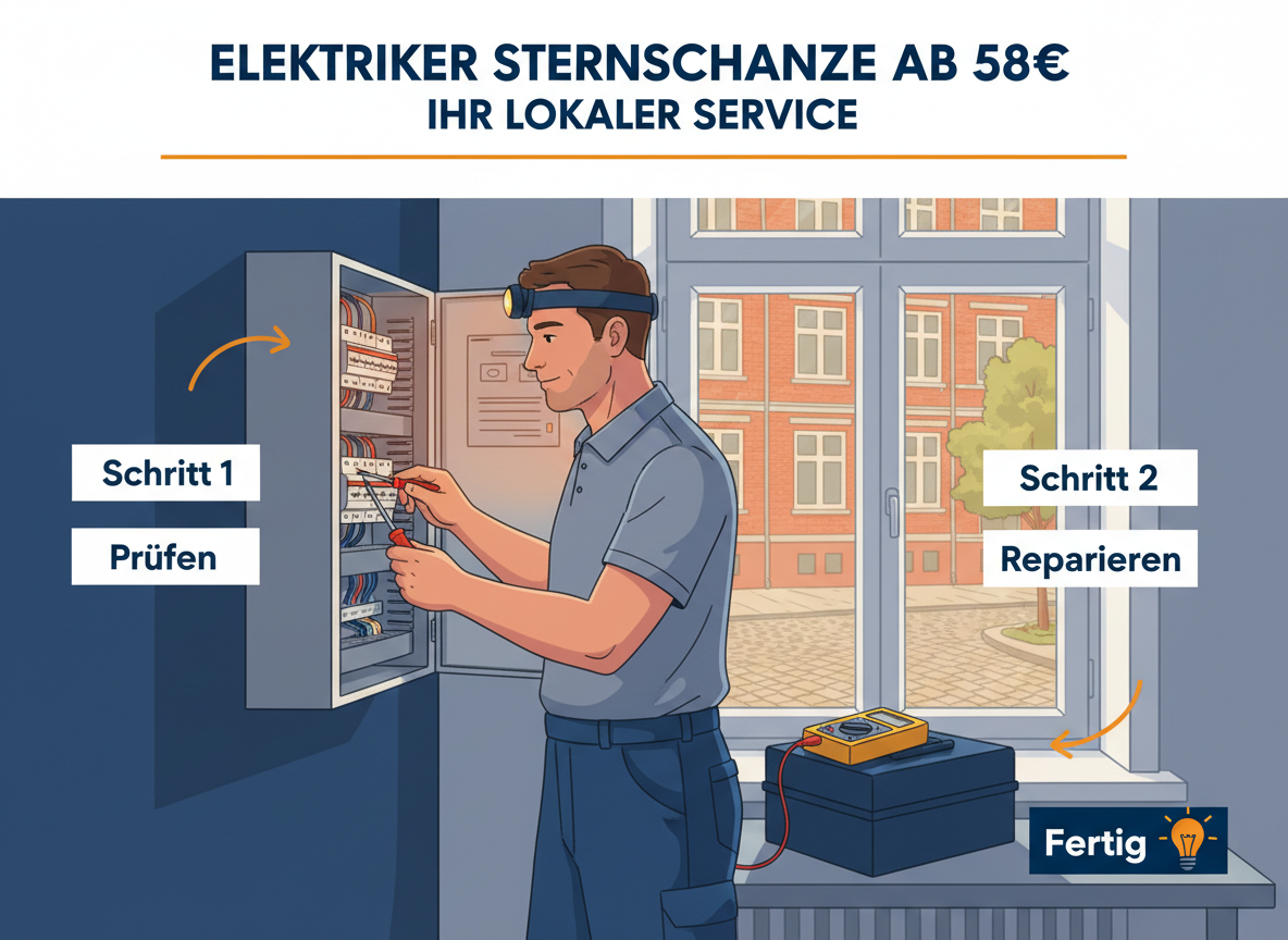 Create a professional semi-realistic visual explanation image for a German local-service article.
SECTION TOPIC (Lösung / Reparatur / Ablauf): "Elektriker sternschanze ab 58€ Ihr lokaler Service".
SERVICE TYPE: German local trade/handyman service (Klempner, Elektriker, Schädlingsbekämpfer, Schlüsseldienst, etc. — infer from the topic).
FOCUS KEYWORD: "Elektriker sternschanze ab 58€ Ihr lokaler Service".
GOAL: Visually explain the solution / repair / service procedure step-by-step.
SCENE: A focused electrician, wearing dark work trousers and a plain grey polo shirt, leans into an open, modern electrical breaker panel inside a charming, slightly older apartment in Hamburg's Sternschanze district. Their headlamp casts a bright, directed beam onto the intricate wiring, as one hand deftly manipulates a red-handled insulated screwdriver, while a yellow digital multimeter rests on a small toolbox nearby. Through the apartment window, characteristic red-brick buildings and a cobblestone street are visible under soft, late afternoon light, hinting at a bustling, urban neighborhood. The scene conveys competence and immediate local service.. Short German labels ONLY, such as: "Schritt 1", "Schritt 2", "Schritt 3", "Prüfen", "Reparieren", "Fertig" — pick 2–4 that match the topic.
STYLE: semi-realistic, clean, modern service branding, educational, trustworthy.
Branding: primary color deep blue #0A3D91, secondary color clean white #FFFFFF, accent color warm orange #F59E0B.
COMPOSITION: technician clearly visible, process easy to read, balanced framing.
TEXT RULES — ALL labels MUST be in perfect GERMAN only. No English, no French, no Latin. Only very short 1–3 word labels, no paragraphs, no infographic boxes, no long text. NEGATIVE: no clutter, no childish design, no powerpoint look, no AI-broken anatomy, no exaggerated effects, no cartoon, no corporate infographic, no watermarks, no URLs, no phone numbers, no logos. OUTPUT: 16:9, semi-realistic, modern, clean, informative.
