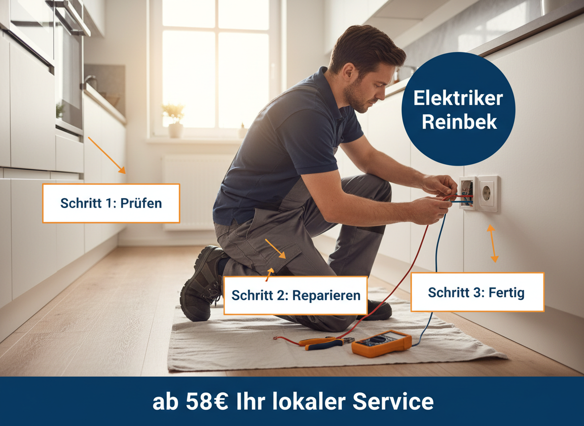 Create a professional semi-realistic visual explanation image for a German local-service article.
SECTION TOPIC (Lösung / Reparatur / Ablauf): "Elektriker reinbek ab 58€ Ihr lokaler Service".
SERVICE TYPE: German local trade/handyman service (Klempner, Elektriker, Schädlingsbekämpfer, Schlüsseldienst, etc. — infer from the topic).
FOCUS KEYWORD: "Elektriker reinbek ab 58€ Ihr lokaler Service".
GOAL: Visually explain the solution / repair / service procedure step-by-step.
SCENE: A focused German electrician, wearing grey work trousers and a dark blue work shirt, kneels in a modern, tidy Reinbek kitchen, meticulously connecting red and blue wires inside a white wall socket. His wire cutters and a digital multimeter lie on a clean drop cloth beside him on the light wooden floor. Soft, warm sunlight streams through a nearby window, illuminating his concentrated expression. The camera angle is a medium shot, looking slightly up, conveying a sense of diligent, professional service.. Short German labels ONLY, such as: "Schritt 1", "Schritt 2", "Schritt 3", "Prüfen", "Reparieren", "Fertig" — pick 2–4 that match the topic.
STYLE: semi-realistic, clean, modern service branding, educational, trustworthy.
Branding: primary color deep blue #0A3D91, secondary color clean white #FFFFFF, accent color warm orange #F59E0B.
COMPOSITION: technician clearly visible, process easy to read, balanced framing.
TEXT RULES — ALL labels MUST be in perfect GERMAN only. No English, no French, no Latin. Only very short 1–3 word labels, no paragraphs, no infographic boxes, no long text. NEGATIVE: no clutter, no childish design, no powerpoint look, no AI-broken anatomy, no exaggerated effects, no cartoon, no corporate infographic, no watermarks, no URLs, no phone numbers, no logos. OUTPUT: 16:9, semi-realistic, modern, clean, informative.