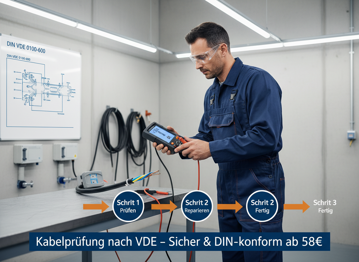 Create a professional semi-realistic visual explanation image for a German local-service article.
SECTION TOPIC (Lösung / Reparatur / Ablauf): "Kabelprüfung nach vde – Sicher & DIN-konform ab 58€".
SERVICE TYPE: German local trade/handyman service (Klempner, Elektriker, Schädlingsbekämpfer, Schlüsseldienst, etc. — infer from the topic).
FOCUS KEYWORD: "Kabelprüfung nach vde – Sicher & DIN-konform ab 58€".
GOAL: Visually explain the solution / repair / service procedure step-by-step.
SCENE: A skilled German technician actively solving the issue — repairing, installing, cleaning, inspecting, replacing, or testing (choose whichever fits "Kabelprüfung nach vde – Sicher & DIN-konform ab 58€"). Include realistic professional tools and small process elements with a subtle directional flow (arrows or numbered steps 1‑2‑3) suggesting the working sequence.
Reference scene (depict literally): A focused German electrician, wearing blue work overalls and safety glasses, meticulously holds a modern, handheld VDE testing device with a digital display. Its red and black probes are precisely connected to a thick, multi-core power cable laid out on a sturdy metal workbench. In the background, a German industrial workshop with gray concrete walls, various coiled cables, junction boxes, and a DIN-standard wiring diagram are visible. Bright overhead fluorescent lights illuminate the scene, casting clean shadows. The medium shot emphasizes the precise, professional, and safety-conscious mood.. Short German labels ONLY, such as: "Schritt 1", "Schritt 2", "Schritt 3", "Prüfen", "Reparieren", "Fertig" — pick 2–4 that match the topic.
STYLE: semi-realistic, clean, modern service branding, educational, trustworthy.
Branding: primary color deep blue #0A3D91, secondary color clean white #FFFFFF, accent color warm orange #F59E0B.
COMPOSITION: technician clearly visible, process easy to read, balanced framing.
TEXT RULES — ALL labels MUST be in perfect GERMAN only. No English, no French, no Latin. Only very short 1–3 word labels, no paragraphs, no infographic boxes, no long text. NEGATIVE: no clutter, no childish design, no powerpoint look, no AI-broken anatomy, no AI-broken anatomy, no exaggerated effects, no cartoon, no corporate infographic, no watermarks, no URLs, no phone numbers, no logos. OUTPUT: 16:9, semi-realistic, modern, clean, informative.