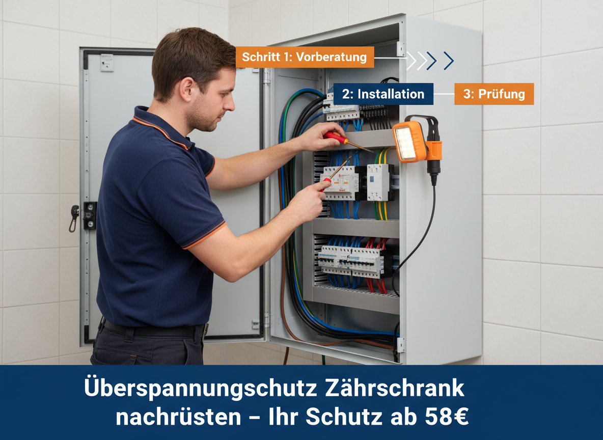 Create a professional semi-realistic visual explanation image for a German local-service article.
SECTION TOPIC (Lösung / Reparatur / Ablauf): "Überspannungsschutz zählerschrank nachrüsten – Ihr Schutz ab 58€".
SERVICE TYPE: German local trade/handyman service (Klempner, Elektriker, Schädlingsbekämpfer, Schlüsseldienst, etc. — infer from the topic).
FOCUS KEYWORD: "Überspannungsschutz zählerschrank nachrüsten – Ihr Schutz ab 58€".
GOAL: Visually explain the solution / repair / service procedure step-by-step.
SCENE: A focused male electrician in dark work trousers and a blue polo shirt meticulously installs a white surge protection device (SPD) module inside an open, grey metal meter cabinet (Zählerschrank) in a clean, functional German utility room. His VDE-insulated screwdriver is poised near wiring terminals, while neatly bundled cables and rows of miniature circuit breakers are visible. An LED work light clamped nearby illuminates the intricate electrical components. The medium-close shot emphasizes the precise work and the new SPD, conveying a mood of diligent professionalism and enhanced electrical safety.. Short German labels ONLY, such as: "Schritt 1", "Schritt 2", "Schritt 3", "Prüfen", "Reparieren", "Fertig" — pick 2–4 that match the topic.
STYLE: semi-realistic, clean, modern service branding, educational, trustworthy.
Branding: primary color deep blue #0A3D91, secondary color clean white #FFFFFF, accent color warm orange #F59E0B.
COMPOSITION: technician clearly visible, process easy to read, balanced framing.
TEXT RULES — ALL labels MUST be in perfect GERMAN only. No English, no French, no Latin. Only very short 1–3 word labels, no paragraphs, no infographic boxes, no long text. NEGATIVE: no clutter, no childish design, no powerpoint look, no AI-broken anatomy, no exaggerated effects, no cartoon, no corporate infographic, no watermarks, no URLs, no phone numbers, no logos. OUTPUT: 16:9, semi-realistic, modern, clean, informative.