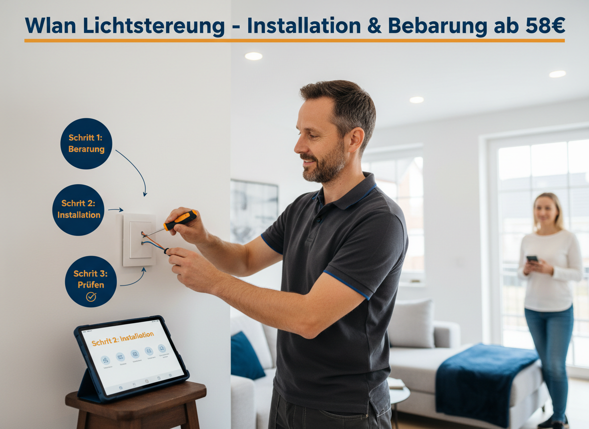 Create a professional semi-realistic visual explanation image for a German local-service article.
SECTION TOPIC (Lösung / Reparatur / Ablauf): "Wlan lichtsteuerung – Installation & Beratung ab 58€".
SERVICE TYPE: German local trade/handyman service (Klempner, Elektriker, Schädlingsbekämpfer, Schlüsseldienst, etc. — infer from the topic).
FOCUS KEYWORD: "Wlan lichtsteuerung – Installation & Beratung ab 58€".
GOAL: Visually explain the solution / repair / service procedure step-by-step.
SCENE: A skilled German technician actively solving the issue — repairing, installing, cleaning, inspecting, replacing, or testing (choose whichever fits "Wlan lichtsteuerung – Installation & Beratung ab 58€"). Include realistic professional tools and small process elements with a subtle directional flow (arrows or numbered steps 1‑2‑3) suggesting the working sequence.
Reference scene (depict literally): A professional male technician, wearing a dark grey polo shirt and work trousers, meticulously connects fine wires to a sleek, white smart light switch panel embedded in a clean, off-white wall. His insulated screwdriver is precise, while a tablet nearby displays a minimalist smart home app interface. Soft, even lighting from overhead LEDs and a large German window illuminates the modern living room, revealing a light grey sofa in the background. A female homeowner, subtly observing, holds her smartphone, reflecting a competent and modern atmosphere of smart home integration.. Short German labels ONLY, such as: "Schritt 1", "Schritt 2", "Schritt 3", "Prüfen", "Reparieren", "Fertig" — pick 2–4 that match the topic.
STYLE: semi-realistic, clean, modern service branding, educational, trustworthy.
Branding: primary color deep blue #0A3D91, secondary color clean white #FFFFFF, accent color warm orange #F59E0B.
COMPOSITION: technician clearly visible, process easy to read, balanced framing.
TEXT RULES — ALL labels MUST be in perfect GERMAN only. No English, no French, no Latin. Only very short 1–3 word labels, no paragraphs, no infographic boxes, no long text. NEGATIVE: no clutter, no childish design, no powerpoint look, no AI-broken anatomy, no AI-broken anatomy, no exaggerated effects, no cartoon, no corporate infographic, no watermarks, no URLs, no phone numbers, no logos. OUTPUT: 16:9, semi-realistic, modern, clean, informative.