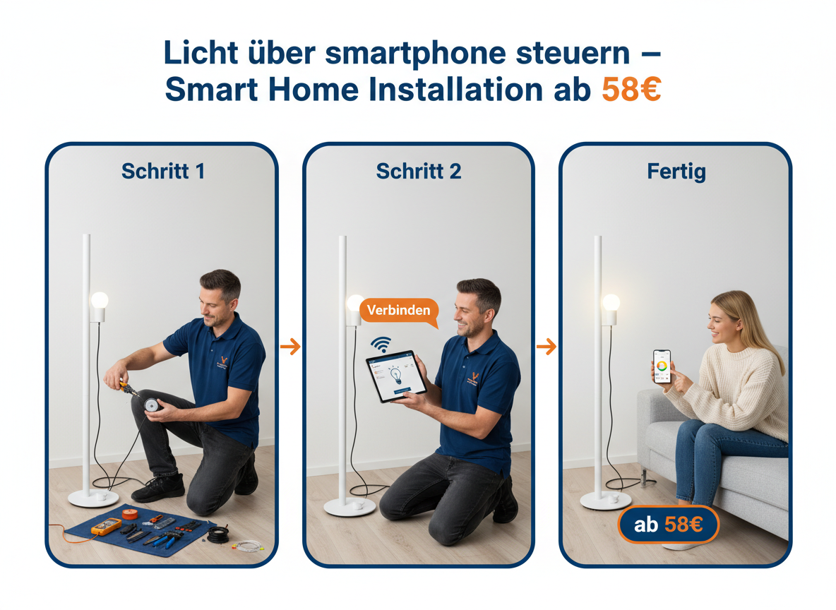 Create a professional semi-realistic visual explanation image for a German local-service article.
SECTION TOPIC (Lösung / Reparatur / Ablauf): "Licht über smartphone steuern – Smart Home Installation ab 58€".
SERVICE TYPE: German local trade/handyman service (Klempner, Elektriker, Schädlingsbekämpfer, Schlüsseldienst, etc. — infer from the topic).
FOCUS KEYWORD: "Licht über smartphone steuern – Smart Home Installation ab 58€".
GOAL: Visually explain the solution / repair / service procedure step-by-step.
SCENE: A young German woman in a casual sweater sits on a light grey sofa in a modern, uncluttered German living room. She holds a smartphone, its screen displaying a light control interface, and her finger hovers over a brightness slider. In front of her, a minimalist floor lamp with a glowing smart LED bulb subtly shifts from cool white to warm yellow, illuminating a clean white wall. The eye-level shot highlights the ease of adjusting light with a tap, conveying modern comfort and tech-savvy convenience in a typical German home.. Short German labels ONLY, such as: "Schritt 1", "Schritt 2", "Schritt 3", "Prüfen", "Reparieren", "Fertig" — pick 2–4 that match the topic.
STYLE: semi-realistic, clean, modern service branding, educational, trustworthy.
Branding: primary color deep blue #0A3D91, secondary color clean white #FFFFFF, accent color warm orange #F59E0B.
COMPOSITION: technician clearly visible, process easy to read, balanced framing.
TEXT RULES — ALL labels MUST be in perfect GERMAN only. No English, no French, no Latin. Only very short 1–3 word labels, no paragraphs, no infographic boxes, no long text. NEGATIVE: no clutter, no childish design, no powerpoint look, no AI-broken anatomy, no exaggerated effects, no cartoon, no corporate infographic, no watermarks, no URLs, no phone numbers, no logos. OUTPUT: 16:9, semi-realistic, modern, clean, informative.