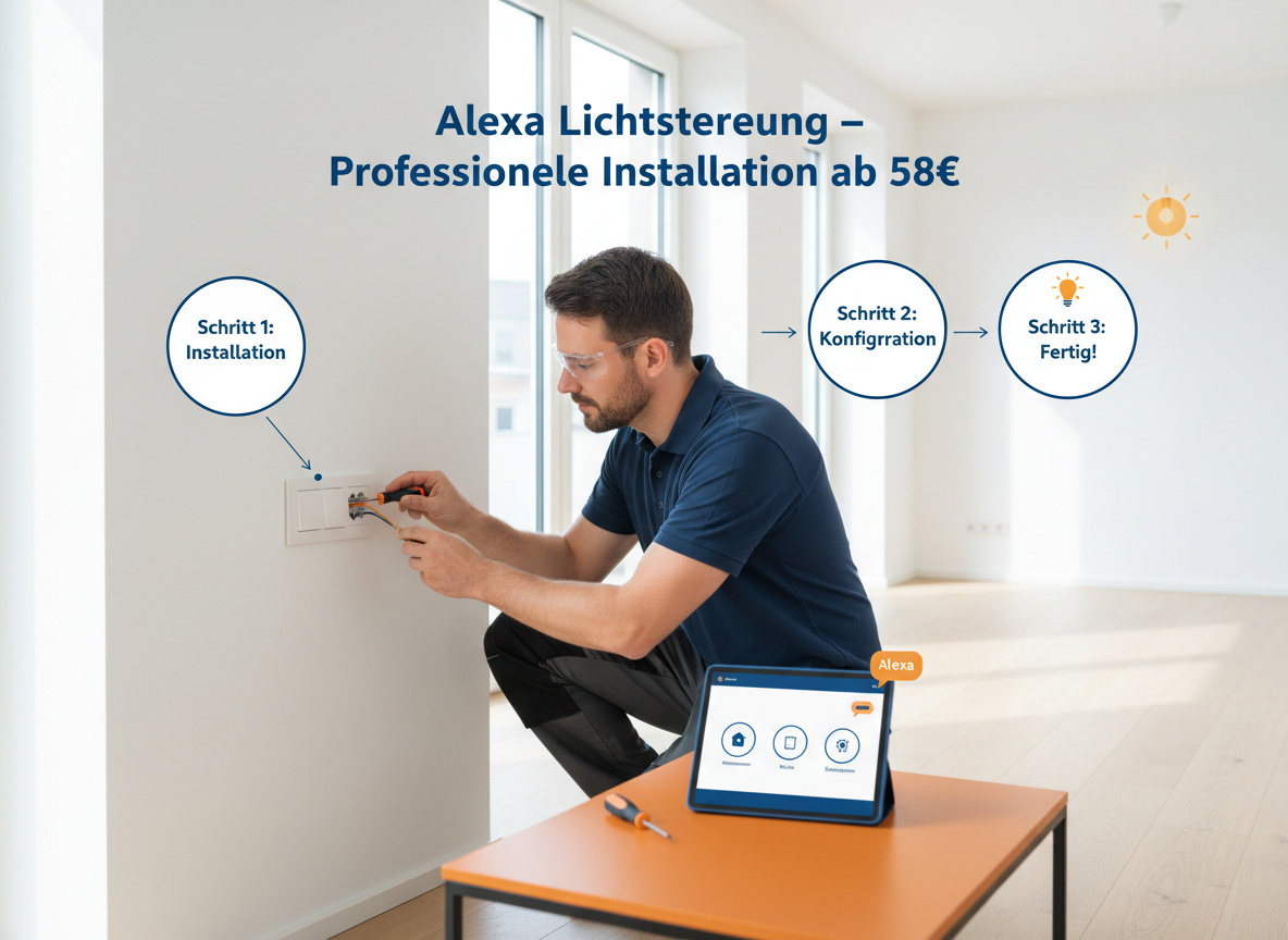 Create a professional semi-realistic visual explanation image for a German local-service article.
SECTION TOPIC (Lösung / Reparatur / Ablauf): "Alexa lichtsteuerung – Professionelle Installation ab 58€".
SERVICE TYPE: German local trade/handyman service (Klempner, Elektriker, Schädlingsbekämpfer, Schlüsseldienst, etc. — infer from the topic).
FOCUS KEYWORD: "Alexa lichtsteuerung – Professionelle Installation ab 58€".
GOAL: Visually explain the solution / repair / service procedure step-by-step.
SCENE: A skilled electrician, wearing dark work trousers and a practical navy polo shirt, meticulously connects wires to a new smart light switch in a clean, modern German living room. Natural light streams through a large window, illuminating his hands as he uses a small screwdriver. On a nearby coffee table, a sleek tablet displays a simple, generic smart home app interface with light icons, suggesting seamless control. The overall mood is precise and technologically advanced, capturing the essence of professional smart light installation.. Short German labels ONLY, such as: "Schritt 1", "Schritt 2", "Schritt 3", "Prüfen", "Reparieren", "Fertig" — pick 2–4 that match the topic.
STYLE: semi-realistic, clean, modern service branding, educational, trustworthy.
Branding: primary color deep blue #0A3D91, secondary color clean white #FFFFFF, accent color warm orange #F59E0B.
COMPOSITION: technician clearly visible, process easy to read, balanced framing.
TEXT RULES — ALL labels MUST be in perfect GERMAN only. No English, no French, no Latin. Only very short 1–3 word labels, no paragraphs, no infographic boxes, no long text. NEGATIVE: no clutter, no childish design, no powerpoint look, no AI-broken anatomy, no exaggerated effects, no cartoon, no corporate infographic, no watermarks, no URLs, no phone numbers, no logos. OUTPUT: 16:9, semi-realistic, modern, clean, informative.