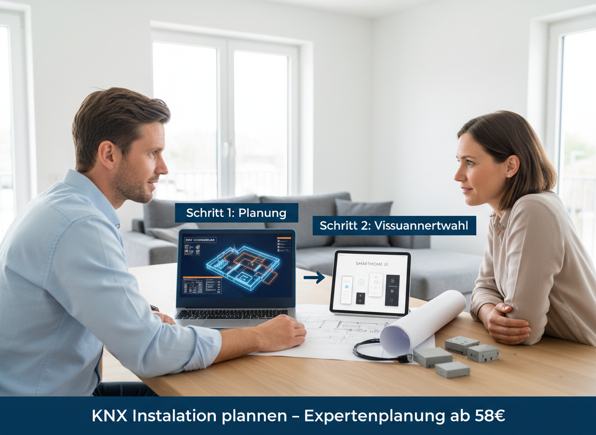 KNX Expertenplanung mit Smart Home Schematik und Hausbesitzer in Hamburg