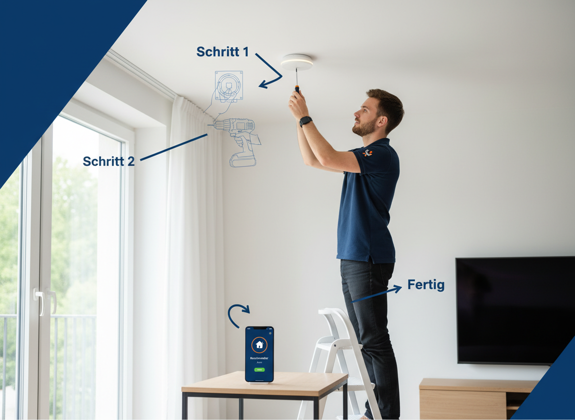Professionelle Montage eines smarten Rauchmelders in einem Hamburger Zuhause, mit einem Techniker, der die Einrichtung über eine Smart Home App vornimmt.