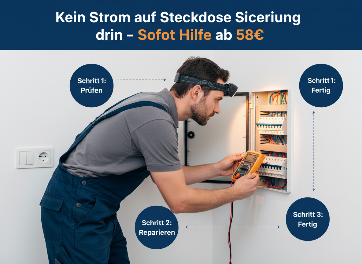 Create a professional semi-realistic visual explanation image for a German local-service article.
SECTION TOPIC (Lösung / Reparatur / Ablauf): "Kein strom auf steckdose sicherung drin – Sofort Hilfe ab 58€".
SERVICE TYPE: German local trade/handyman service (Klempner, Elektriker, Schädlingsbekämpfer, Schlüsseldienst, etc. — infer from the topic).
FOCUS KEYWORD: "Kein strom auf steckdose sicherung drin – Sofort Hilfe ab 58€".
GOAL: Visually explain the solution / repair / service procedure step-by-step.
SCENE: A focused German electrician, wearing dark blue work trousers and a grey polo shirt, leans into an open, modern electrical fuse box in a brightly lit utility closet of a typical German apartment building. His headlamp illuminates colorful wires and a row of clearly engaged circuit breakers, as his other hand holds a digital multimeter, its probes carefully touching a terminal. The multimeter's screen is blank, signaling zero voltage, while a standard wall outlet sits uselessly in the background. The mood is one of quiet determination and professional problem-solving.. Short German labels ONLY, such as: "Schritt 1", "Schritt 2", "Schritt 3", "Prüfen", "Reparieren", "Fertig" — pick 2–4 that match the topic.
STYLE: semi-realistic, clean, modern service branding, educational, trustworthy.
Branding: primary color deep blue #0A3D91, secondary color clean white #FFFFFF, accent color warm orange #F59E0B.
COMPOSITION: technician clearly visible, process easy to read, balanced framing.
TEXT RULES — ALL labels MUST be in perfect GERMAN only. No English, no French, no Latin. Only very short 1–3 word labels, no paragraphs, no infographic boxes, no long text. NEGATIVE: no clutter, no childish design, no powerpoint look, no AI-broken anatomy, no exaggerated effects, no cartoon, no corporate infographic, no watermarks, no URLs, no phone numbers, no logos. OUTPUT: 16:9, semi-realistic, modern, clean, informative.