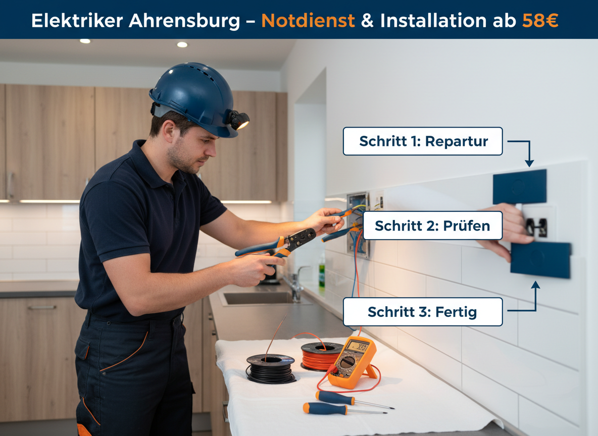 Create a professional semi-realistic visual explanation image for a German local-service article.\nSECTION TOPIC (Lösung / Reparatur / Ablauf): "Elektriker ahrensburg – Notdienst & Installation ab 58€".\nSERVICE TYPE: German local trade/handyman service (Klempner, Elektriker, Schädlingsbekämpfer, Schlüsseldienst, etc. — infer from the topic).\nFOCUS KEYWORD: "Elektriker ahrensburg – Notdienst & Installation ab 58€".\nGOAL: Visually explain the solution / repair / service procedure step-by-step.\nSCENE: A male electrician, dressed in dark work trousers and a navy blue work shirt, meticulously connects multi-colored electrical wires inside an exposed wall junction box. His headlamp casts a bright, focused beam onto his hands, which deftly manipulate a wire stripper and insulated pliers. A digital multimeter and various wire spools lie on a protective drop cloth nearby. The background reveals a modern, clean German kitchen with light wooden cabinets and a tiled backsplash, softly lit by ambient ceiling lights. A medium, slightly low shot emphasizes his concentrated, professional demeanor as he solves the electrical task.. Short German labels ONLY, such as: "Schritt 1", "Schritt 2", "Schritt 3", "Prüfen", "Reparieren", "Fertig" — pick 2–4 that match the topic.\nSTYLE: semi-realistic, clean, modern service branding, educational, trustworthy.\nBranding: primary color deep blue #0A3D91, secondary color clean white #FFFFFF, accent color warm orange #F59E0B.\nCOMPOSITION: technician clearly visible, process easy to read, balanced framing.\nTEXT RULES — ALL labels MUST be in perfect GERMAN only. No English, no French, no Latin. Only very short 1–3 word labels, no paragraphs, no infographic boxes, no long text. NEGATIVE: no clutter, no childish design, no powerpoint look, no AI-broken anatomy, no exaggerated effects, no cartoon, no corporate infographic, no watermarks, no URLs, no phone numbers, no logos. OUTPUT: 16:9, semi-realistic, modern, clean, informative.
