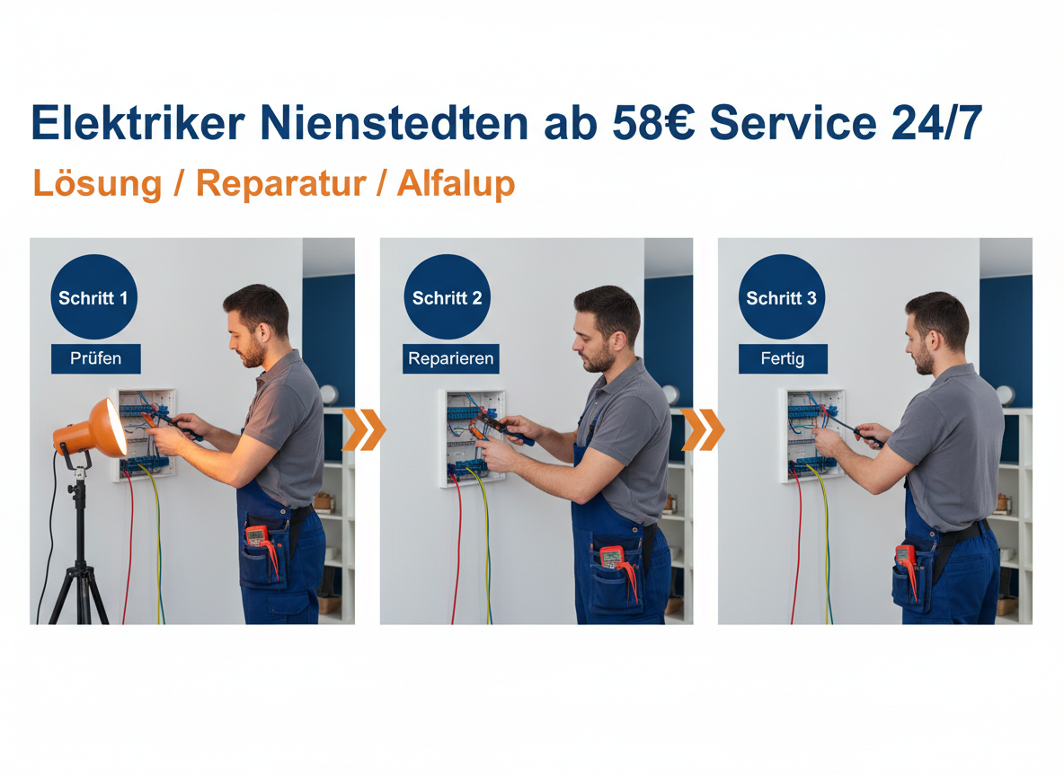 Create a professional semi-realistic visual explanation image for a German local-service article.\nSECTION TOPIC (Lösung / Reparatur / Ablauf): "Elektriker Nienstedten ab 58€ Service 24/7".\nSERVICE TYPE: German local trade/handyman service (Klempner, Elektriker, Schädlingsbekämpfer, Schlüsseldienst, etc. — infer from the topic).\nFOCUS KEYWORD: "Elektriker Nienstedten ab 58€ Service 24/7".\nGOAL: Visually explain the solution / repair / service procedure step-by-step.\nSCENE: A focused male electrician, mid-30s, in dark work trousers and a grey polo, intently works on an open electrical junction box inside a tidy Hamburg Nienstedten apartment. He holds insulated wire strippers, with a red multimeter resting on his tool belt. Loose wires (red, blue, yellow-green) emerge from the wall. Bright light from a nearby LED work lamp illuminates the scene, casting sharp shadows and highlighting his precise movements. The camera is eye-level, capturing his professional concentration.. Short German labels ONLY, such as: "Schritt 1", "Schritt 2", "Schritt 3", "Prüfen", "Reparieren", "Fertig" — pick 2–4 that match the topic.\nSTYLE: semi-realistic, clean, modern service branding, educational, trustworthy.\nBranding: primary color deep blue #0A3D91, secondary color clean white #FFFFFF, accent color warm orange #F59E0B.\nCOMPOSITION: technician clearly visible, process easy to read, balanced framing.\nTEXT RULES — ALL labels MUST be in perfect GERMAN only. No English, no French, no Latin. Only very short 1–3 word labels, no paragraphs, no infographic boxes, no long text. NEGATIVE: no clutter, no childish design, no powerpoint look, no AI-broken anatomy, no exaggerated effects, no cartoon, no corporate infographic, no watermarks, no URLs, no phone numbers, no logos. OUTPUT: 16:9, semi-realistic, modern, clean, informative.