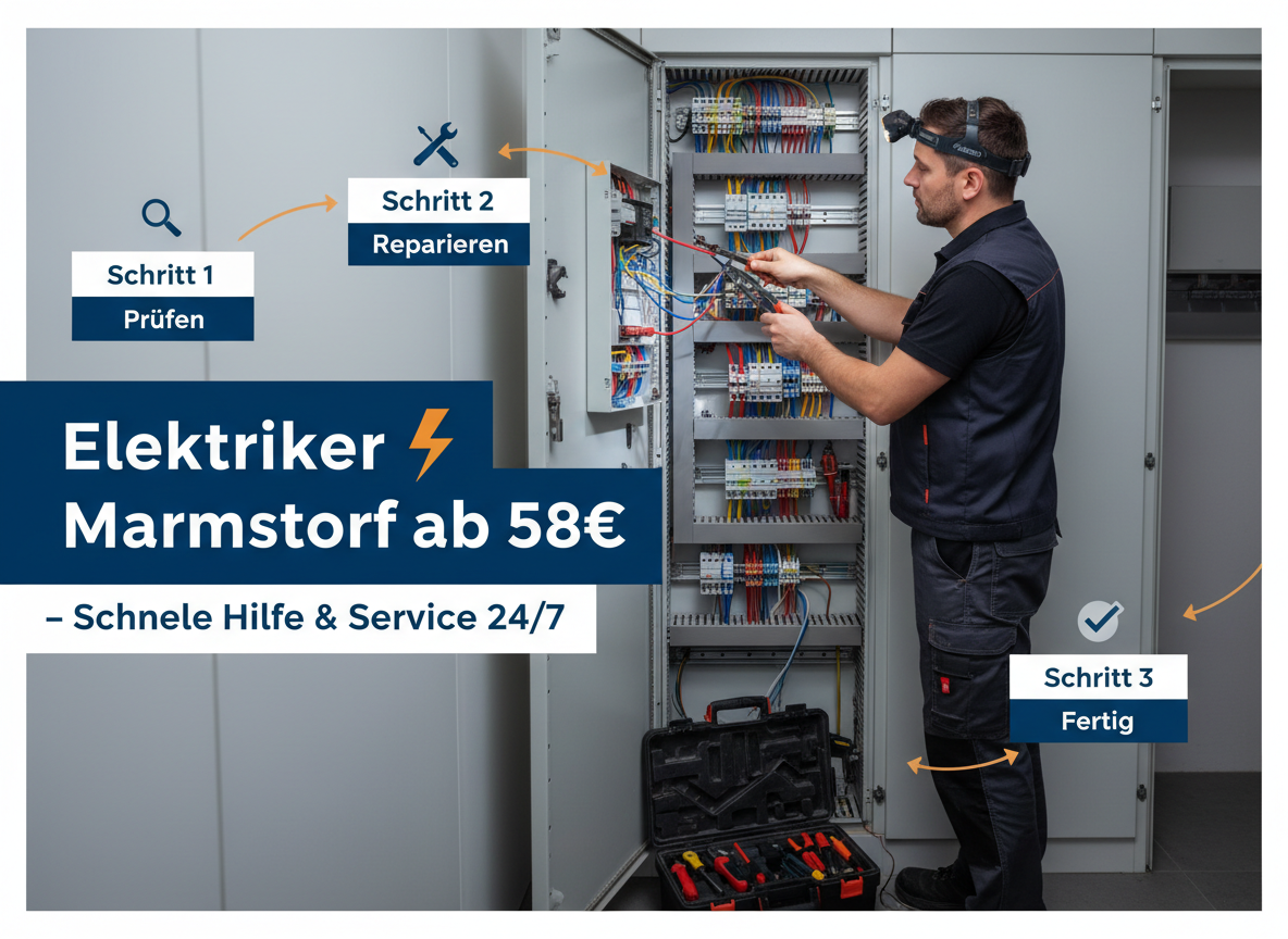 Create a professional semi-realistic visual explanation image for a German local-service article.
SECTION TOPIC (Lösung / Reparatur / Ablauf): "Elektriker Marmstorf ab 58€ – Schnelle Hilfe & Service 24/7".
SERVICE TYPE: German local trade/handyman service (Klempner, Elektriker, Schädlingsbekämpfer, Schlüsseldienst, etc. — infer from the topic).
FOCUS KEYWORD: "Elektriker Marmstorf ab 58€ – Schnelle Hilfe & Service 24/7".
GOAL: Visually explain the solution / repair / service procedure step-by-step.
SCENE: A focused male electrician, wearing dark work trousers and a utility vest, meticulously works on an open electrical panel inside a tidy, dim utility closet of a multi-story German apartment building. His headlamp casts a bright beam onto a tangle of colorful wires, junction boxes, and conduits. He grips insulated wire strippers, with a multimeter and screwdrivers visible in his open toolbox nearby. The medium close-up shot, slightly overhead, conveys urgent, competent service in a typical German residential setting.. Short German labels ONLY, such as: "Schritt 1", "Schritt 2", "Schritt 3", "Prüfen", "Reparieren", "Fertig" — pick 2–4 that match the topic.
STYLE: semi-realistic, clean, modern service branding, educational, trustworthy.
Branding: primary color deep blue #0A3D91, secondary color clean white #FFFFFF, accent color warm orange #F59E0B.
COMPOSITION: technician clearly visible, process easy to read, balanced framing.
TEXT RULES — ALL labels MUST be in perfect GERMAN only. No English, no French, no Latin. Only very short 1–3 word labels, no paragraphs, no infographic boxes, no long text. NEGATIVE: no clutter, no childish design, no powerpoint look, no AI-broken anatomy, no AI-broken anatomy, no exaggerated effects, no cartoon, no corporate infographic, no watermarks, no URLs, no phone numbers, no logos. OUTPUT: 16:9, semi-realistic, modern, clean, informative.