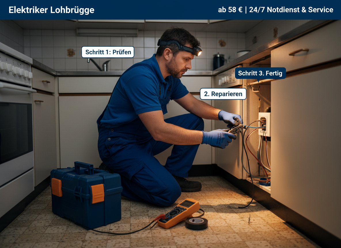 Create a professional semi-realistic visual explanation image for a German local-service article.
SECTION TOPIC (Lösung / Reparatur / Ablauf): "Elektriker Lohbrügge ab 58 € | 24/7 Notdienst & Service".
SERVICE TYPE: German local trade/handyman service (Klempner, Elektriker, Schädlingsbekämpfer, Schlüsseldienst, etc. — infer from the topic).
FOCUS KEYWORD: "Elektriker Lohbrügge ab 58 € | 24/7 Notdienst & Service".
GOAL: Visually explain the solution / repair / service procedure step-by-step.
SCENE: A skilled German technician actively solving the issue — repairing, installing, cleaning, inspecting, replacing, or testing (choose whichever fits "Elektriker Lohbrügge ab 58 € | 24/7 Notdienst & Service"). Include realistic professional tools and small process elements with a subtle directional flow (arrows or numbered steps 1‑2‑3) suggesting the working sequence.
Reference scene (depict literally): Wearing dark work trousers and a simple blue utility shirt, a focused male electrician kneels in a dimly lit, slightly dated German apartment kitchen. His headlamp casts a precise beam on a disassembled wall outlet, revealing exposed wires. His gloved hands expertly manipulate a wire stripper and insulated pliers. A robust red toolbox, a digital multimeter, and a roll of electrical tape rest on the patterned linoleum floor beside him. The medium shot, from a slightly elevated angle, conveys urgent, professional nighttime service.. Short German labels ONLY, such as: "Schritt 1", "Schritt 2", "Schritt 3", "Prüfen", "Reparieren", "Fertig" — pick 2–4 that match the topic.
STYLE: semi-realistic, clean, modern service branding, educational, trustworthy.
Branding: primary color deep blue #0A3D91, secondary color clean white #FFFFFF, accent color warm orange #F59E0B.
COMPOSITION: technician clearly visible, process easy to read, balanced framing.
TEXT RULES — ALL labels MUST be in perfect GERMAN only. No English, no French, no Latin. Only very short 1–3 word labels, no paragraphs, no infographic boxes, no long text. NEGATIVE: no clutter, no childish design, no powerpoint look, no AI-broken anatomy, no AI-broken anatomy, no exaggerated effects, no cartoon, no corporate infographic, no watermarks, no URLs, no phone numbers, no logos. OUTPUT: 16:9, semi-realistic, modern, clean, informative.