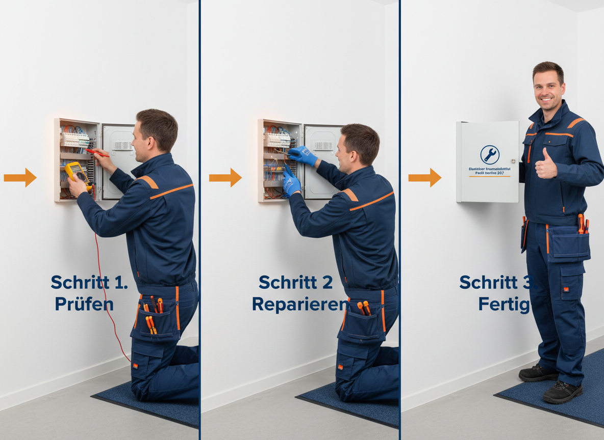 Ein Elektriker in Hummelsbüttel prüft und repariert einen Sicherungskasten in einem Hamburger Apartment. Beschriftungen: 'Prüfen', 'Reparieren', 'Sicherungen Erneuern'.