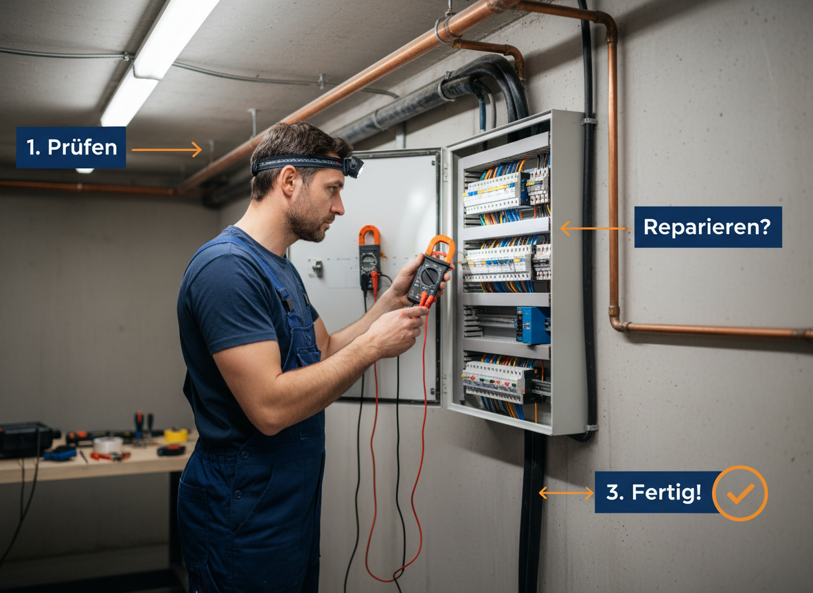 Elektriker misst Stromschwankungen im Sicherungskasten in Hamburg