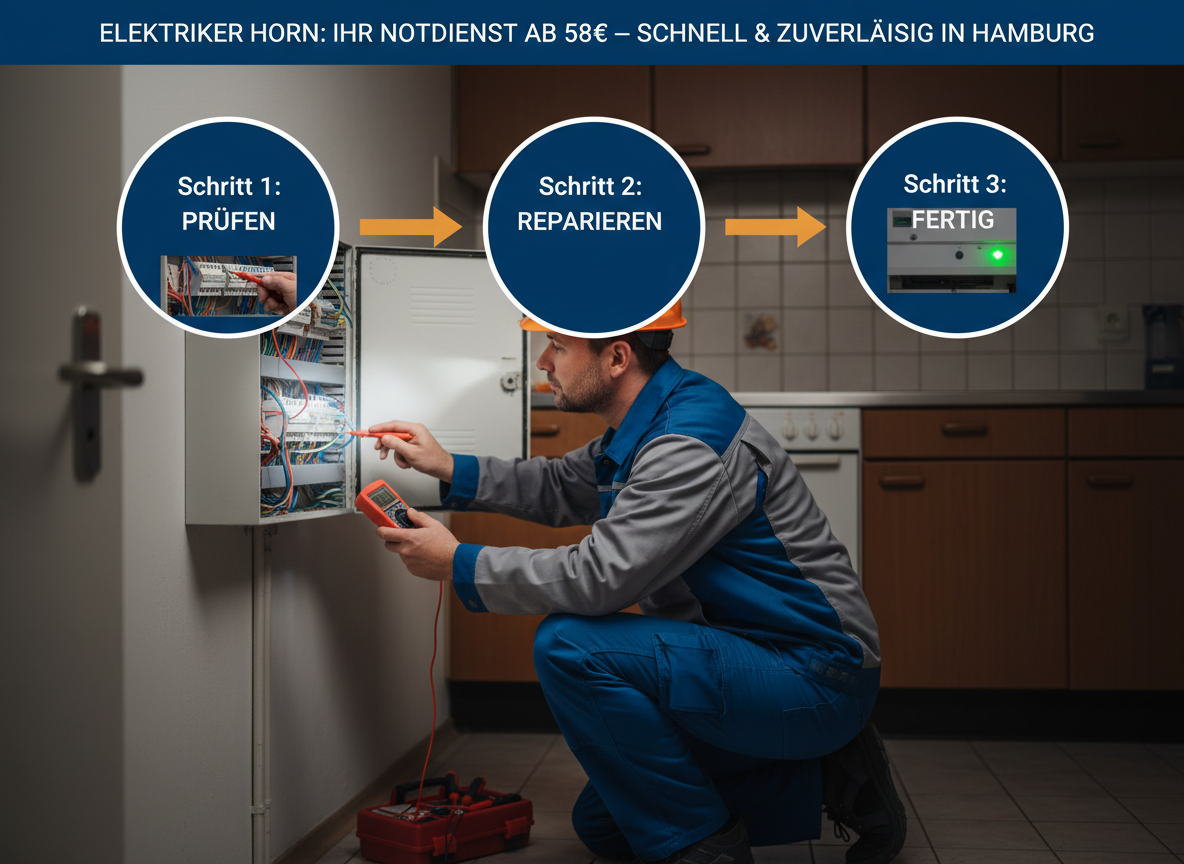 Create a professional semi-realistic visual explanation image for a German local-service article.
SECTION TOPIC (Lösung / Reparatur / Ablauf): "Elektriker Horn: Ihr Notdienst ab 58€ – schnell & zuverlässig in Hamburg".
SERVICE TYPE: German local trade/handyman service (Klempner, Elektriker, Schädlingsbekämpfer, Schlüsseldienst, etc. — infer from the topic).
FOCUS KEYWORD: "Elektriker Horn: Ihr Notdienst ab 58€ – schnell & zuverlässig in Hamburg".
GOAL: Visually explain the solution / repair / service procedure step-by-step.
SCENE: A skilled German technician actively solving the issue — repairing, installing, cleaning, inspecting, replacing, or testing (choose whichever fits "Elektriker Horn: Ihr Notdienst ab 58€ – schnell & zuverlässig in Hamburg"). Include realistic professional tools and small process elements with a subtle directional flow (arrows or numbered steps 1‑2‑3) suggesting the working sequence.
Reference scene (depict literally): A focused electrician, wearing blue work pants and a grey work jacket, kneels in a dimly lit, older Hamburg apartment kitchen. His headlamp casts a bright beam onto an open, modern white fuse box on the wall, revealing a tangle of colorful wires. He meticulously holds a red and black multimeter, its digital display showing readings, while a screwdriver set and wire strippers lay on a small red toolbox beside him. The atmosphere is one of urgent, professional problem-solving.. Short German labels ONLY, such as: "Schritt 1", "Schritt 2", "Schritt 3", "Prüfen", "Reparieren", "Fertig" — pick 2–4 that match the topic.
STYLE: semi-realistic, clean, modern service branding, educational, trustworthy.
Branding: primary color deep blue #0A3D91, secondary color clean white #FFFFFF, accent color warm orange #F59E0B.
COMPOSITION: technician clearly visible, process easy to read, balanced framing.
TEXT RULES — ALL labels MUST be in perfect GERMAN only. No English, no French, no Latin. Only very short 1–3 word labels, no paragraphs, no infographic boxes, no long text. NEGATIVE: no clutter, no childish design, no powerpoint look, no AI-broken anatomy, no exaggerated effects, no cartoon, no corporate infographic, no watermarks, no URLs, no phone numbers, no logos. OUTPUT: 16:9, semi-realistic, modern, clean, informative.