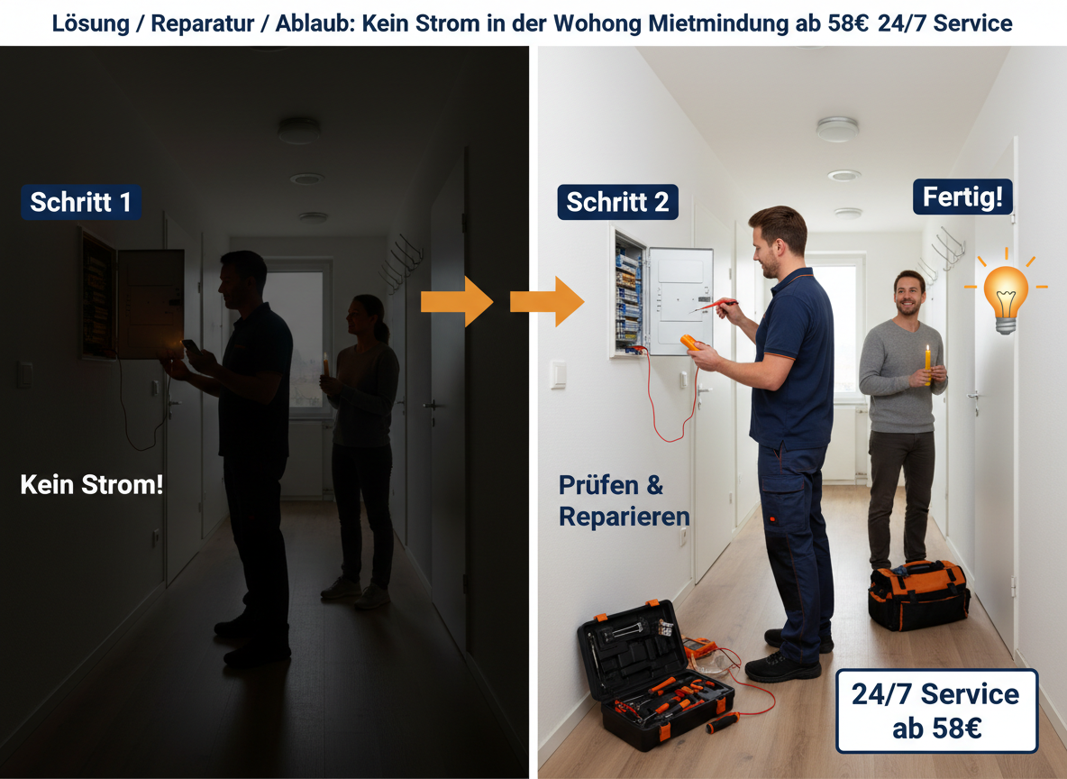 Create a professional semi-realistic visual explanation image for a German local-service article.
SECTION TOPIC (Lösung / Reparatur / Ablauf): "Kein Strom in der Wohnung Mietminderung ab 58€ 24/7 Service".
SERVICE TYPE: German local trade/handyman service (Klempner, Elektriker, Schädlingsbekämpfer, Schlüsseldienst, etc. — infer from the topic).
FOCUS KEYWORD: "Kein Strom in der Wohnung Mietminderung ab 58€ 24/7 Service".
GOAL: Visually explain the solution / repair / service procedure step-by-step.
SCENE: A skilled German technician actively solving the issue — repairing, installing, cleaning, inspecting, replacing, or testing (choose whichever fits "Kein Strom in der Wohnung Mietminderung ab 58€ 24/7 Service"). Include realistic professional tools and small process elements with a subtle directional flow (arrows or numbered steps 1‑2‑3) suggesting the working sequence.
Reference scene (depict literally): A person in casual home attire stands in a dimly lit German apartment hallway, illuminated only by a single flickering candle and the faint glow from a smartphone in their hand. They peer intently at an open fuse box on the wall, its individual circuit breakers visibly dislodged. The surrounding environment, a typical German apartment interior with wooden floorboards and a simple coat rack, is plunged into shadows. The close-up, eye-level shot captures a mood of frustration and inconvenience, highlighting the sudden and complete lack of electricity in their home.. Short German labels ONLY, such as: "Schritt 1", "Schritt 2", "Schritt 3", "Prüfen", "Reparieren", "Fertig" — pick 2–4 that match the topic.
STYLE: semi-realistic, clean, modern service branding, educational, trustworthy.
Branding: primary color deep blue #0A3D91, secondary color clean white #FFFFFF, accent color warm orange #F59E0B.
COMPOSITION: technician clearly visible, process easy to read, balanced framing.
TEXT RULES — ALL labels MUST be in perfect GERMAN only. No English, no French, no Latin. Only very short 1–3 word labels, no paragraphs, no infographic boxes, no long text. NEGATIVE: no clutter, no childish design, no powerpoint look, no AI-broken anatomy, no exaggerated effects, no cartoon, no corporate infographic, no watermarks, no URLs, no phone numbers, no logos. OUTPUT: 16:9, semi-realistic, modern, clean, informative.
