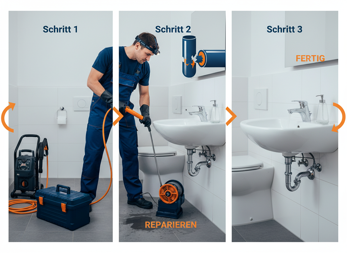 Create a professional semi-realistic visual explanation image for a German local-service article. SECTION TOPIC (Lösung / Reparatur / Ablauf): "Rohrreinigung hürth – 24h Notdienst, schnell ab 58€". SERVICE TYPE: German local trade/handyman service (Klempner, Elektriker, Schädlingsbekämpfer, Schlüsseldienst, etc. — infer from the topic). FOCUS KEYWORD: "Rohrreinigung hürth – 24h Notdienst, schnell ab 58€". GOAL: Visually explain the solution / repair / service procedure step-by-step. SCENE: A focused male technician, wearing dark blue work overalls and thick rubber gloves, expertly feeds a motorized drain snake into a partially flooded bathroom sink in a typical German apartment. A bright, cool-toned LED headlamp casts sharp shadows, highlighting the chrome plumbing and the technician