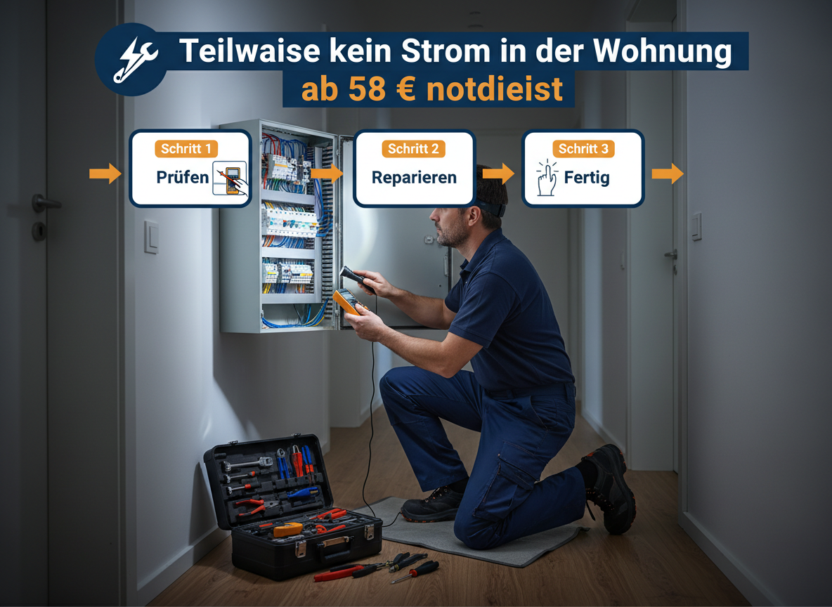 Ein männlicher Elektriker kniet in einem schwach beleuchteten Flur einer modernen deutschen Wohnung und untersucht eine offene Sicherungstafel. Sein Stirnlampe und eine kleine Taschenlampe beleuchten die komplizierten Kabel. Er hält ein digitales Multimeter und einen Schraubendreher. Ein Werkzeugkasten steht neben seinen Arbeitsstiefeln. Er trägt dunkle Arbeitshosen und ein dunkelblaues Poloshirt. Die Szene vermittelt den Eindruck fokussierter Dringlichkeit, während er den teilweisen Stromausfall fachmännisch diagnostiziert.