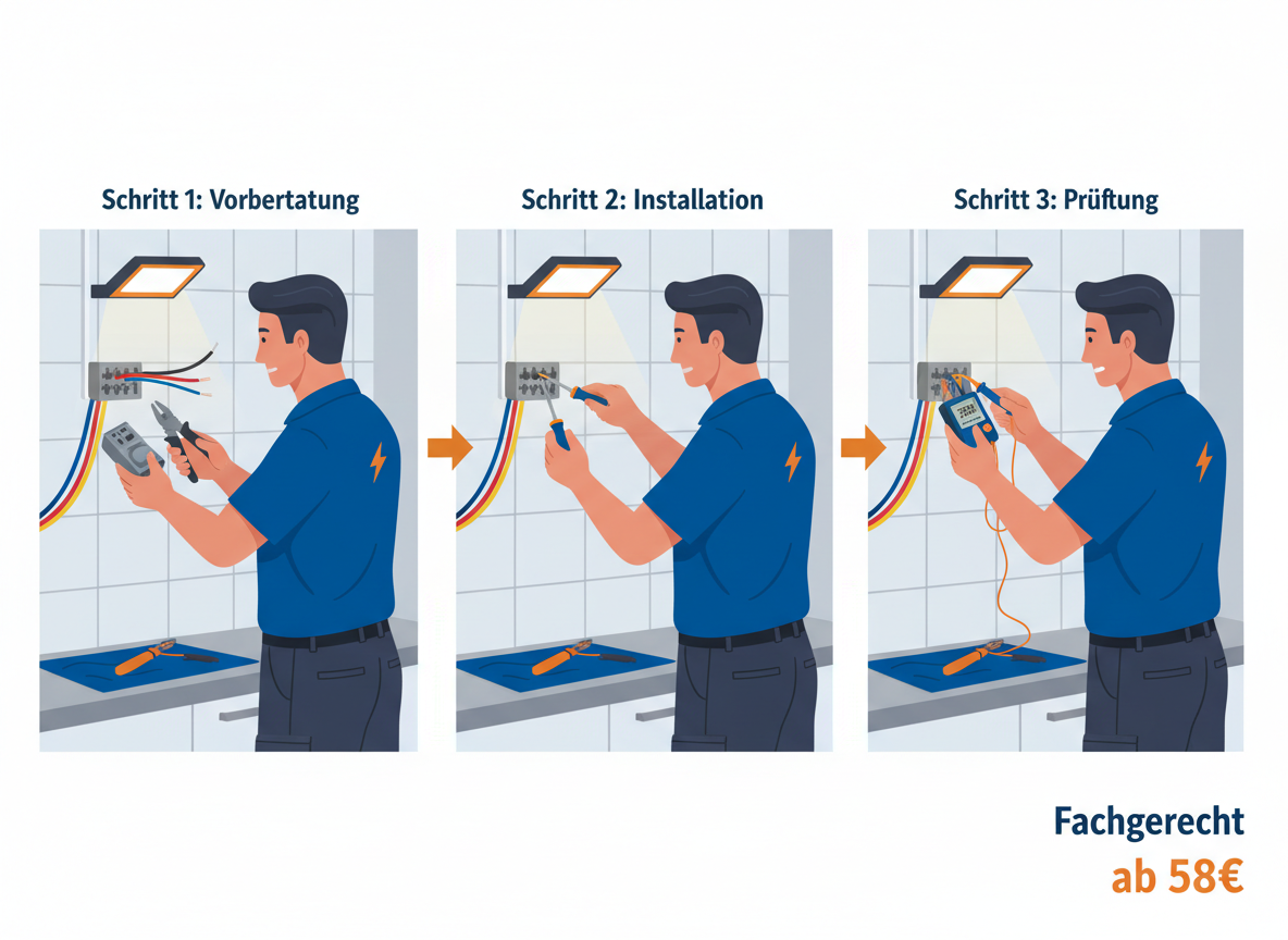 Create a professional semi-realistic visual explanation image for a German local-service article. SECTION TOPIC (Lösung / Reparatur / Ablauf): "Splitter für herdanschluss fachgerecht einbauen: ab 58€". SERVICE TYPE: German local trade/handyman service (Klempner, Elektriker, Schädlingsbekämpfer, Schlüsseldienst, etc. — infer from the topic). FOCUS KEYWORD: "Splitter für herdanschluss fachgerecht einbauen: ab 58€". GOAL: Visually explain the solution / repair / service procedure step-by-step. SCENE: A skilled male electrician in dark work trousers and a blue polo shirt meticulously installs a robust, grey electrical splitter onto a clean, white tiled kitchen wall in a German home. His hands are precise, using an insulated screwdriver to tighten thick, multicolored electrical wires into the splitter's terminals. A voltage tester and wire cutters lie nearby on a drop cloth. Bright, focused LED work lighting illuminates the connection point from slightly above, emphasizing the careful, professional work. The mood is one of focused expertise and clean execution.. Short German labels ONLY, such as: "Schritt 1", "Schritt 2", "Schritt 3", "Prüfen", "Reparieren", "Fertig" — pick 2–4 that match the topic. STYLE: semi-realistic, clean, modern service branding, educational, trustworthy. Branding: primary color deep blue #0A3D91, secondary color clean white #FFFFFF, accent color warm orange #F59E0B. COMPOSITION: technician clearly visible, process easy to read, balanced framing. TEXT RULES — ALL labels MUST be in perfect GERMAN only. No English, no French, no Latin. Only very short 1–3 word labels, no paragraphs, no infographic boxes, no long text. NEGATIVE: no clutter, no childish design, no powerpoint look, no AI-broken anatomy, no exaggerated effects, no cartoon, no corporate infographic, no watermarks, no URLs, no phone numbers, no logos. OUTPUT: 16:9, semi-realistic, modern, clean, informative.