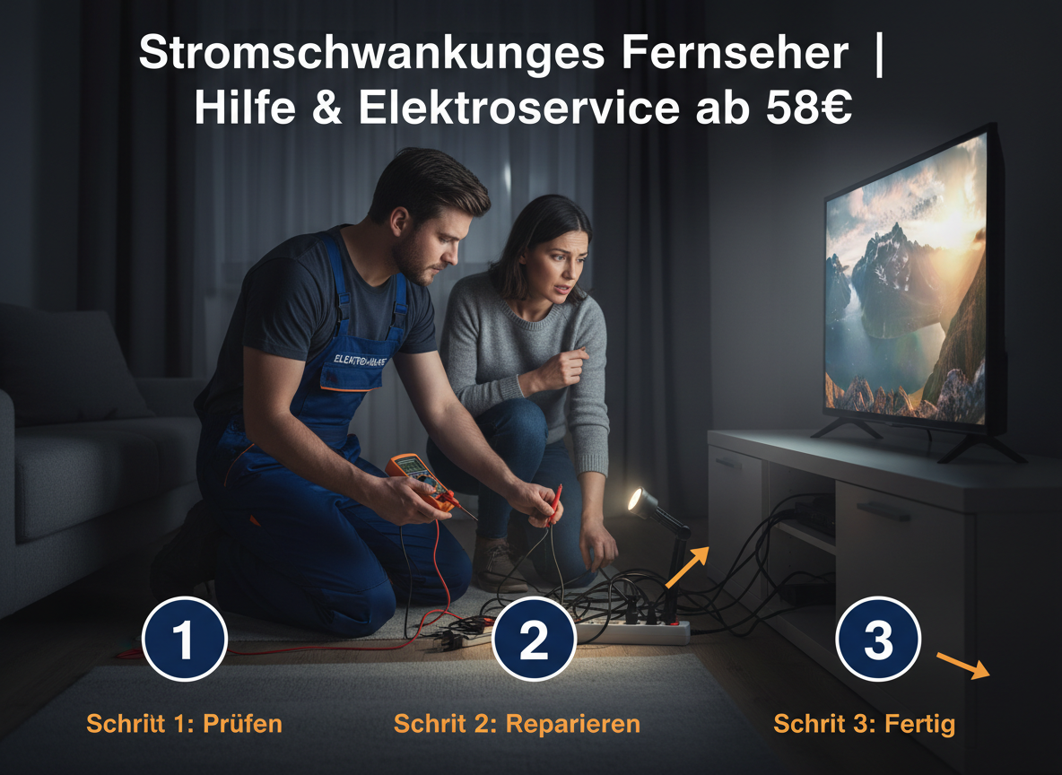 An electrician in dark blue work overalls kneels behind a flickering television in a dimly lit German living room. A concerned homeowner in a simple sweater observes as the electrician meticulously checks connections with a red-tipped multimeter, its digital display showing erratic readings. A tangle of black power cables and a white surge protector lie on the floor. A small LED work lamp illuminates the complex wiring, casting long shadows. The low camera angle emphasizes the focused problem-solving effort and the subtle tension of a power issue.