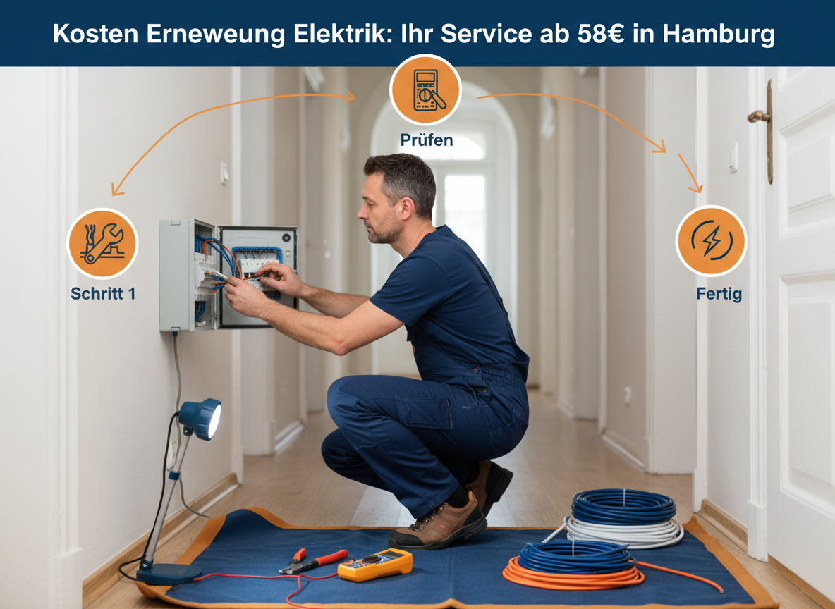 Create a professional semi-realistic visual explanation image for a German local-service article.\nSECTION TOPIC (Lösung / Reparatur / Ablauf): "kosten erneuerung elektrik: ihr service ab 58€ in hamburg". type: german local trade handyman (klempner, elektriker, schädlingsbekämpfer, schlüsseldienst, etc. — infer from the topic). focus keyword: "kosten" goal: visually explain solution repair procedure step-by-step. scene: a skilled technician actively solving issue repairing, installing, cleaning, inspecting, replacing, or testing (choose whichever fits hamburg"). include realistic professional tools and small process elements with subtle directional flow (arrows numbered steps 1‑2‑3) suggesting working sequence. reference scene (depict literally): focused electrician, wearing navy blue work overalls sturdy safety shoes, meticulously connects new, color-coded electrical wires inside an opened, modern circuit breaker box. his wire strippers digital multimeter rest on protective drop cloth beside him. rolls of fresh cable are neatly stacked hallway older hamburg apartment building, subtly hinted by ornate doorframes light-colored walls. bright led lamp illuminates precise task slightly low eye-level angle, conveying mood reliable, meticulous attention to detail.. short labels only, such as: "schritt 1", 2", 3", "prüfen", "reparieren", "fertig" pick 2–4 that match topic. style: semi-realistic, clean, branding, educational, trustworthy. branding: primary color deep #0a3d91, secondary clean white #ffffff, accent warm orange #f59e0b. composition: clearly visible, easy read, balanced framing. text rules all must be perfect only. no english, french, latin. only very 1–3 word labels, paragraphs, infographic boxes, long text. negative: clutter, childish design, powerpoint look, ai-broken anatomy, exaggerated effects, cartoon, corporate infographic, watermarks, urls, phone numbers, logos. output: 16:9, modern, informative.