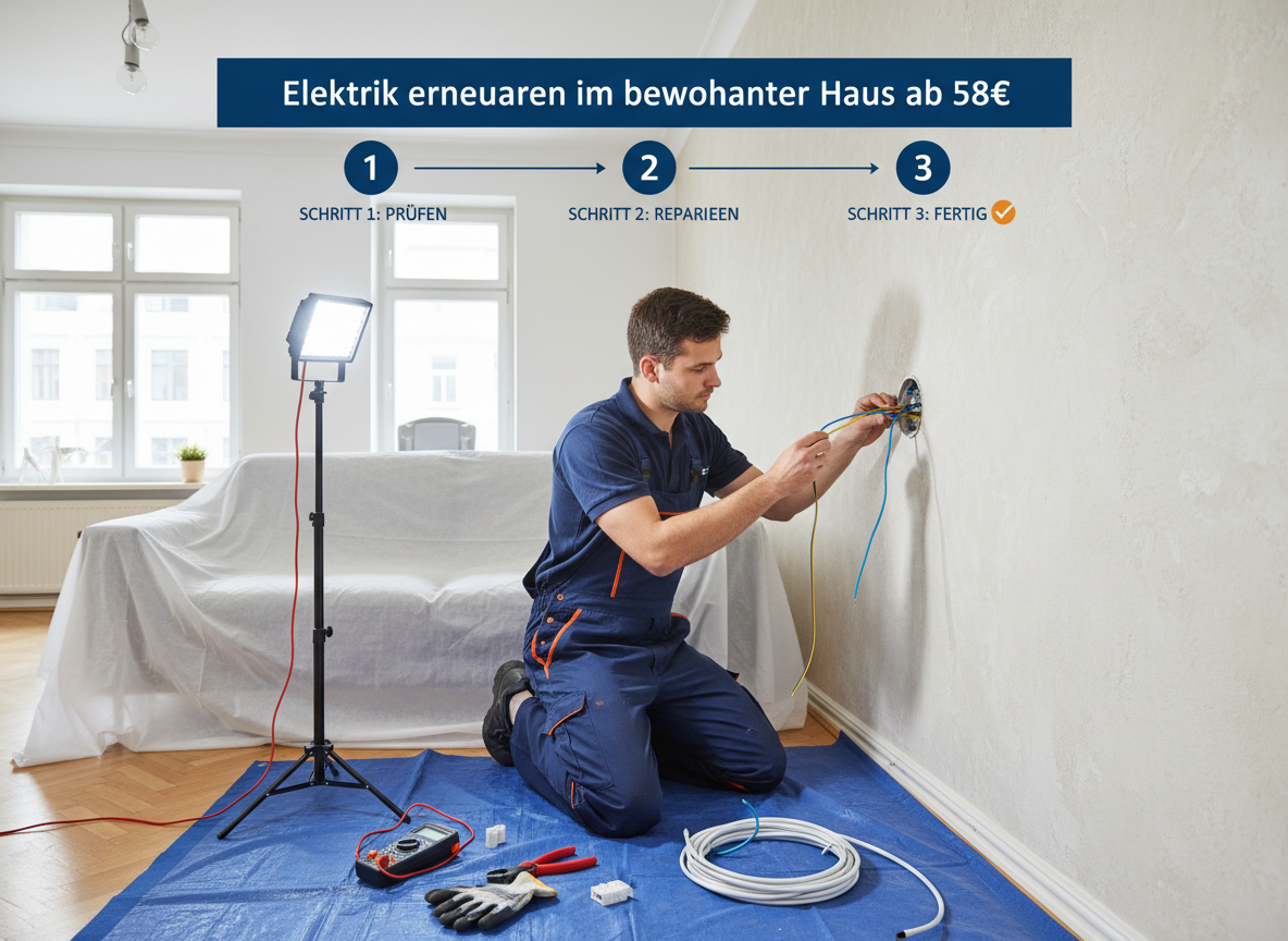 Create a professional semi-realistic visual explanation image for a German local-service article.
SECTION TOPIC (Lösung / Reparatur / Ablauf): "Elektrik erneuern im bewohnten Haus ab 58€ – Hamburg Profis".
SERVICE TYPE: German local trade/handyman service (Klempner, Elektriker, Schädlingsbekämpfer, Schlüsseldienst, etc. — infer from the topic).
FOCUS KEYWORD: "Elektrik erneuern im bewohnten Haus ab 58€ – Hamburg Profis".
GOAL: Visually explain the solution / repair / service procedure step-by-step.
SCENE: A focused male electrician, in clean dark blue workwear, meticulously connects new insulated wires into a flush-mounted junction box on a plaster wall in a tidy Hamburg *Altbau* living room. A sofa draped with a protective sheet implies the occupied home. His wire strippers, multimeter, and a roll of fresh cable rest on a drop cloth. Bright overhead lighting and a portable LED cast a clean, competent glow on the task, emphasizing professionalism and safety from a slightly elevated medium shot.. Short German labels ONLY, such as: "Schritt 1", "Schritt 2", "Schritt 3", "Prüfen", "Reparieren", "Fertig" — pick 2–4 that match the topic.
STYLE: semi-realistic, clean, modern service branding, educational, trustworthy.
Branding: primary color deep blue #0A3D91, secondary color clean white #FFFFFF, accent color warm orange #F59E0B.
COMPOSITION: technician clearly visible, process easy to read, balanced framing.
TEXT RULES — ALL labels MUST be in perfect GERMAN only. No English, no French, no Latin. Only very short 1–3 word labels, no paragraphs, no infographic boxes, no long text. NEGATIVE: no clutter, no childish design, no powerpoint look, no AI-broken anatomy, no exaggerated effects, no cartoon, no corporate infographic, no watermarks, no URLs, no phone numbers, no logos. OUTPUT: 16:9, semi-realistic, modern, clean, informative.