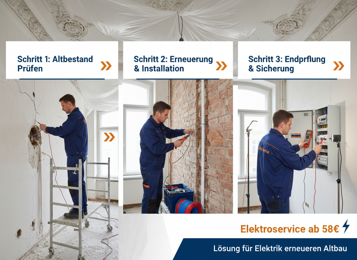 Create a professional semi-realistic visual explanation image for a German local-service article.
SECTION TOPIC (Lösung / Reparatur / Ablauf): "Elektrik erneuern Altbau Kosten | Elektroservice ab 58€".
SERVICE TYPE: German local trade/handyman service (Klempner, Elektriker, Schädlingsbekämpfer, Schlüsseldienst, etc. — infer from the topic).
FOCUS KEYWORD: "Elektrik erneuern Altbau Kosten | Elektroservice ab 58€".
GOAL: Visually explain the solution / repair / service procedure step-by-step.
SCENE: A skilled German technician actively solving the issue — repairing, installing, cleaning, inspecting, replacing, or testing (choose whichever fits "Elektrik erneuern Altbau Kosten | Elektroservice ab 58€"). Include realistic professional tools and small process elements with a subtle directional flow (arrows or numbered steps 1‑2‑3) suggesting the working sequence.
Reference scene (depict literally): A focused electrician, wearing a blue work jacket and robust boots, meticulously strips new grey NYM-J electrical cable with wire cutters. He stands on a portable scaffold in a high-ceilinged Altbau apartment in Berlin, its ornate stucco ceiling partially exposed. Plaster dust covers the floor around him, illuminated by a bright LED work lamp aimed at the exposed brick wall where new conduits are being installed. A multimeter and a tool belt hang at his side. The camera is positioned slightly below, looking up, capturing his dedicated work in the dusty but progressing renovation. The mood is industrious and authentic.. Short German labels ONLY, such as: "Schritt 1", "Schritt 2", "Schritt 3", "Prüfen", "Reparieren", "Fertig" — pick 2–4 that match the topic.
STYLE: semi-realistic, clean, modern service branding, educational, trustworthy.
Branding: primary color deep blue #0A3D91, secondary color clean white #FFFFFF, accent color warm orange #F59E0B.
COMPOSITION: technician clearly visible, process easy to read, balanced framing.
TEXT RULES — ALL labels MUST be in perfect GERMAN only. No English, no French, no Latin. Only very short 1–3 word labels, no paragraphs, no infographic boxes, no long text. NEGATIVE: no clutter, no childish design, no powerpoint look, no AI-broken anatomy, no exaggerated effects, no cartoon, no corporate infographic, no watermarks, no URLs, no phone numbers, no logos. OUTPUT: 16:9, semi-realistic, modern, clean, informative.
