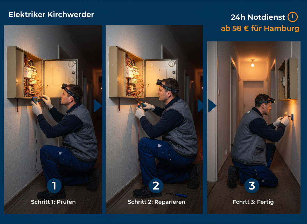 Create a professional semi-realistic visual explanation image for a German local-service article.
SECTION TOPIC (Lösung / Reparatur / Ablauf): "Elektriker Kirchwerder: 24h Notdienst ab 58 € für Hamburg".
SERVICE TYPE: German local trade/handyman service (Klempner, Elektriker, Schädlingsbekämpfer, Schlüsseldienst, etc. — infer from the topic).
FOCUS KEYWORD: "Elektriker Kirchwerder: 24h Notdienst ab 58 € für Hamburg".
GOAL: Visually explain the solution / repair / service procedure step-by-step.
SCENE: A focused electrician, wearing dark blue work trousers and a grey utility vest, kneels intently in a dimly lit, narrow hallway of an older Hamburg apartment building. His headlamp casts a sharp, localized beam onto an open, beige fuse box on the wall. His gloved hands are carefully manipulating a red wire with a set of wire strippers, while a digital multimeter and a flathead screwdriver rest on the floor beside him. The low-angle shot captures his serious, concentrated expression, emphasizing the urgent nature of the 24-hour electrical repair in the dead of night.. Short German labels ONLY, such as: "Schritt 1", "Schritt 2", "Schritt 3", "Prüfen", "Reparieren", "Fertig" — pick 2–4 that match the topic.
STYLE: semi-realistic, clean, modern service branding, educational, trustworthy.
Branding: primary color deep blue #0A3D91, secondary color clean white #FFFFFF, accent color warm orange #F59E0B.
COMPOSITION: technician clearly visible, process easy to read, balanced framing.
TEXT RULES — ALL labels MUST be in perfect GERMAN only. No English, no French, no Latin. Only very short 1–3 word labels, no paragraphs, no infographic boxes, no long text. NEGATIVE: no clutter, no childish design, no powerpoint look, no AI-broken anatomy, no AI-broken anatomy, no exaggerated effects, no cartoon, no corporate infographic, no watermarks, no URLs, no phone numbers, no logos. OUTPUT: 16:9, semi-realistic, modern, clean, informative.