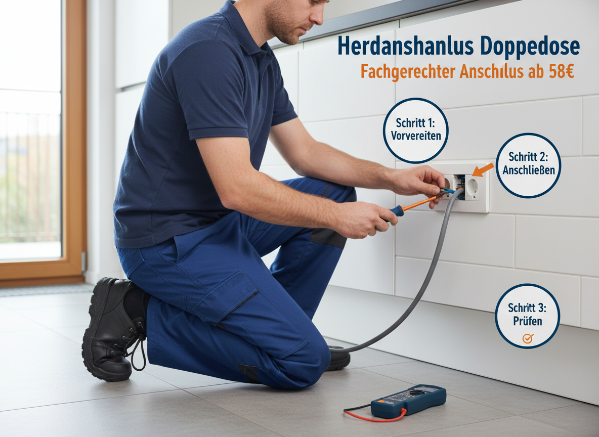 Create a professional semi-realistic visual explanation image for a German local-service article.
SECTION TOPIC (Lösung / Reparatur / Ablauf): Herdanschluss Doppeldose | Fachgerechter Anschluss ab 58€.
SERVICE TYPE: German local trade/handyman service (Klempner, Elektriker, Schädlingsbekämpfer, Schlüsseldienst, etc. — infer from the topic).
FOCUS KEYWORD: Herdanschluss Doppeldose | Fachgerechter Anschluss ab 58€.
GOAL: Visually explain the solution / repair / service procedure step-by-step.
SCENE: A skilled German technician actively solving the issue — repairing, installing, cleaning, inspecting, replacing, or testing (choose whichever fits Herdanschluss Doppeldose | Fachgerechter Anschluss ab 58€). Include realistic professional tools and small process elements with a subtle directional flow (arrows or numbered steps 1‑2‑3) suggesting the working sequence.
Reference scene (depict literally): A tight, eye-level shot captures the focused work of an electrician in a modern German kitchen with a white tiled backsplash. He kneels, wearing durable blue work trousers, his hands expertly connecting a thick power cable to a white, wall-mounted *Herdanschluss-Doppeldose*. Bright, natural light illuminates the scene, highlighting the specific, color-coded wires—black, brown, blue, and green-yellow. One hand holds a VDE-insulated screwdriver with a red and yellow handle, actively tightening a terminal, while a two-pole voltage tester rests on the floor beside him, conveying precision and safety.. Short German labels ONLY, such as: Schritt 1, Schritt 2, Schritt 3, Prüfen, Reparieren, Fertig — pick 2–4 that match the topic.
STYLE: semi-realistic, clean, modern service branding, educational, trustworthy.
Branding: primary color deep blue #0A3D91, secondary color clean white #FFFFFF, accent color warm orange #F59E0B.
COMPOSITION: technician clearly visible, process easy to read, balanced framing.
TEXT RULES — ALL labels MUST be in perfect GERMAN only. No English, no French, no Latin. Only very short 1–3 word labels, no paragraphs, no infographic boxes, no long text. NEGATIVE: no clutter, no childish design, no powerpoint look, no AI-broken anatomy, no exaggerated effects, no cartoon, no corporate infographic, no watermarks, no URLs, no phone numbers, no logos. OUTPUT: 16:9, semi-realistic, modern, clean, informative.