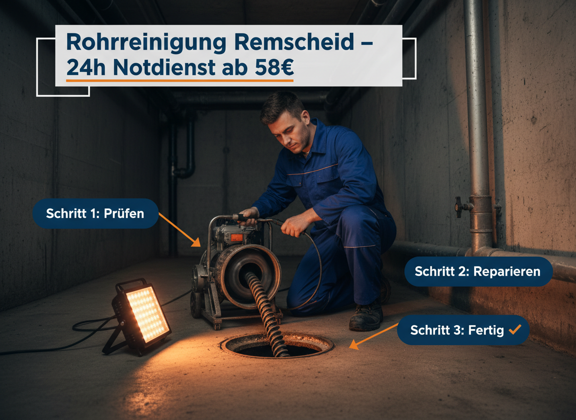 Create a professional semi-realistic visual explanation image for a German local-service article.
SECTION TOPIC (Lösung / Reparatur / Ablauf): Rohrreinigung remscheid – 24h Notdienst ab 58€.
SERVICE TYPE: German local trade/handyman service (Klempner, Elektriker, Schädlingsbekämpfer, Schlüsseldienst, etc. — infer from the topic).
FOCUS KEYWORD: Rohrreinigung remscheid – 24h Notdienst ab 58€.
GOAL: Visually explain the solution / repair / service procedure step-by-step.
SCENE: A skilled German technician actively solving the issue — repairing, installing, cleaning, inspecting, replacing, or testing (choose whichever fits Rohrreinigung remscheid – 24h Notdienst ab 58€). Include realistic professional tools and small process elements with a subtle directional flow (arrows or numbered steps 1‑2‑3) suggesting the working sequence.
Reference scene (depict literally): A focused technician in dark blue work overalls kneels on the concrete floor of a dimly lit German basement. A low-angle shot emphasizes his control over a professional drain cleaning machine. A powerful work lamp casts harsh, dramatic light, highlighting the steel drain auger as it snakes from the drum unit into an open floor drain. Exposed pipes line the damp cellar walls. The mood is one of late-night, emergency competence, as the skilled tradesperson expertly resolves a plumbing crisis in a residential setting.. Short German labels ONLY, such as: Schritt 1, Schritt 2, Schritt 3, Prüfen, Reparieren, Fertig — pick 2–4 that match the topic.
STYLE: semi-realistic, clean, modern service branding, educational, trustworthy.
Branding: primary color deep blue #0A3D91, secondary color clean white #FFFFFF, accent color warm orange #F59E0B.
COMPOSITION: technician clearly visible, process easy to read, balanced framing.
TEXT RULES — ALL labels MUST be in perfect GERMAN only. No English, no French, no Latin. Only very short 1–3 word labels, no paragraphs, no infographic boxes, no long text. NEGATIVE: no clutter, no childish design, no powerpoint look, no AI-broken anatomy, no exaggerated effects, no cartoon, no corporate infographic, no watermarks, no URLs, no phone numbers, no logos. OUTPUT: 16:9, semi-realistic, modern, clean, informative.