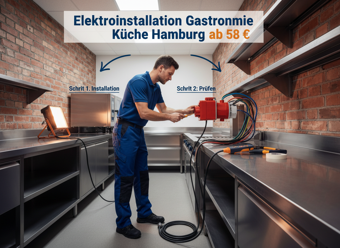 Ein Elektriker installiert eine Starkstromsteckdose in einer Gastronomieküche in Hamburg
